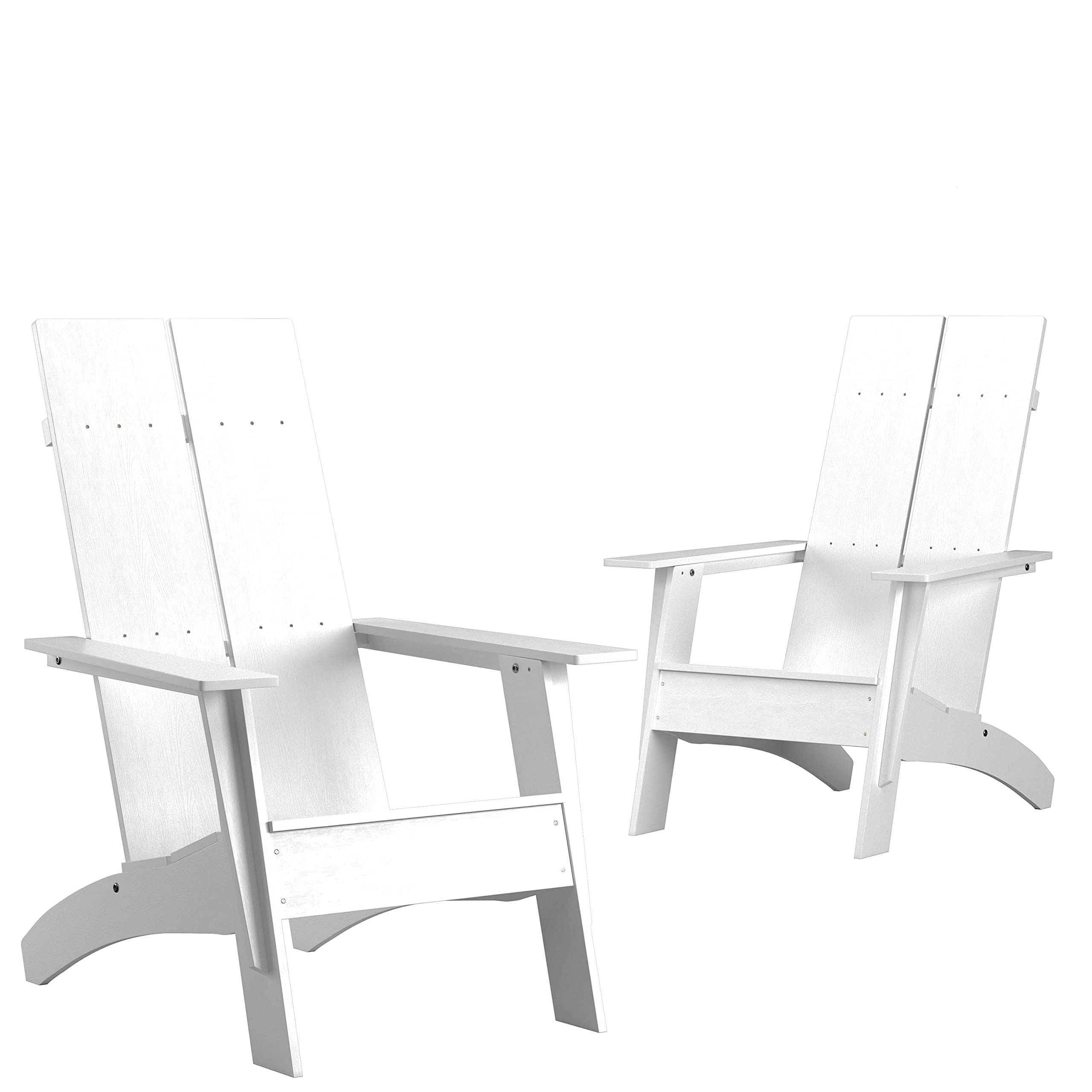 EMMA + OLIVER Set of 2 White Modern Dual Slat Back Adirondack Chairs - Indoor/Outdoor Patio Furniture for Garden, Deck, Poolside & Porch Relaxation