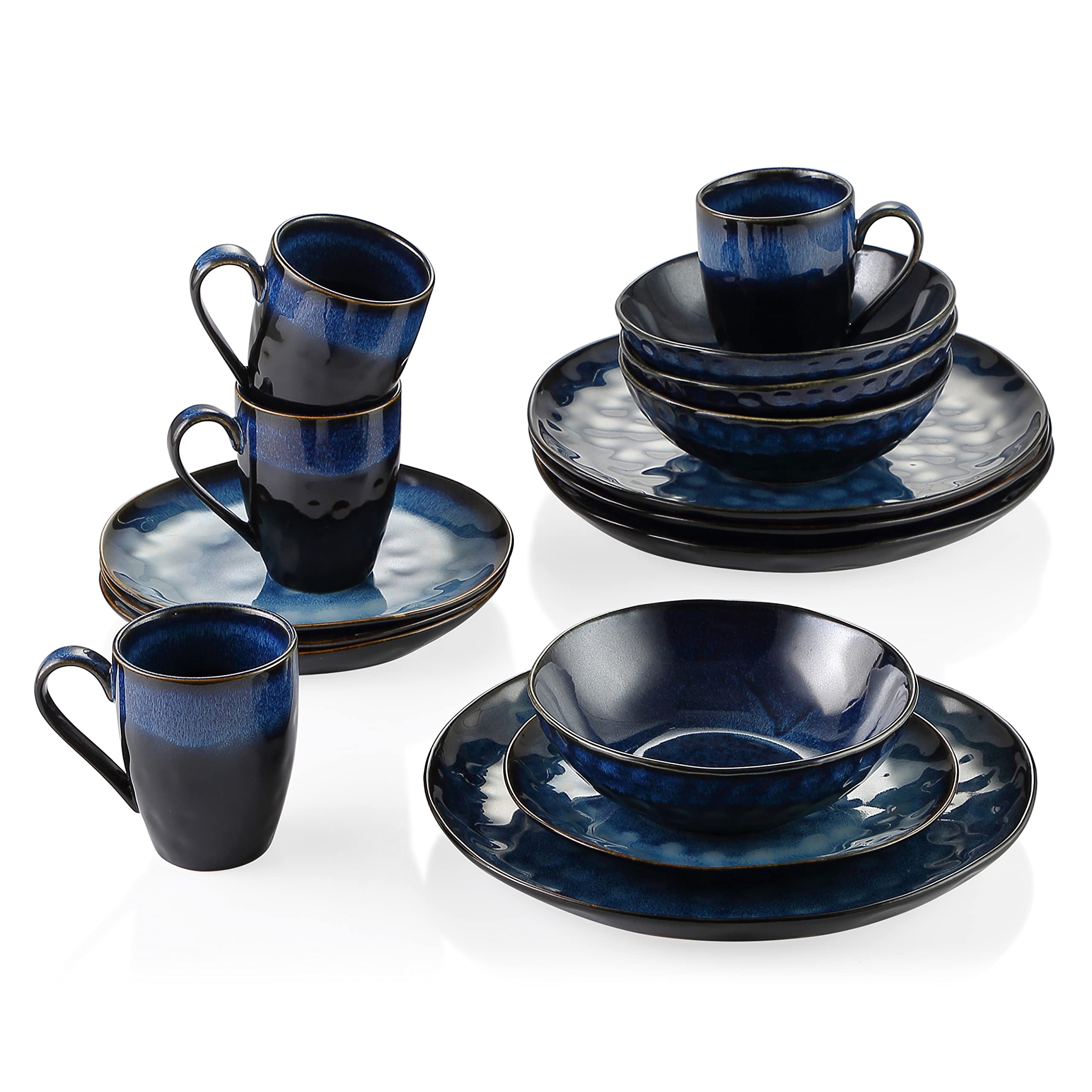Vancasso 16-Piece Blue Round Stoneware Dinner Set, Reactive Glaze Dinnerware Set Includes Plates, Bowls & Mugs for 4 People - Elegant Starry Design for Everyday Dining & Entertaining
