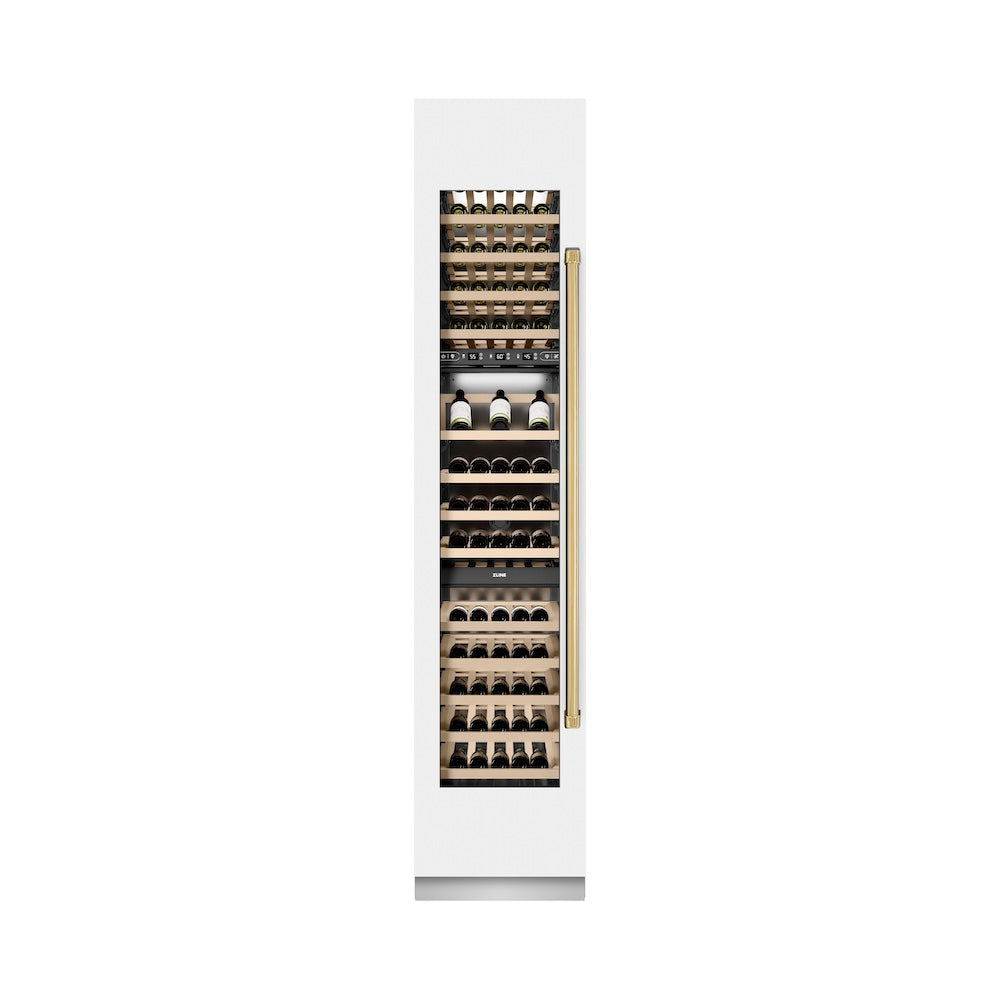 ZLINE Autograph Edition 18 Inch 9.0 cu ft Triple Zone 68 Bottle Left Hinge Column Wine Cooler - White Matte with Polished Gold Accents (RCWVLZ WM 18 G) | Perfect for Home Bars, Wine Cellars & Entertaining Spaces