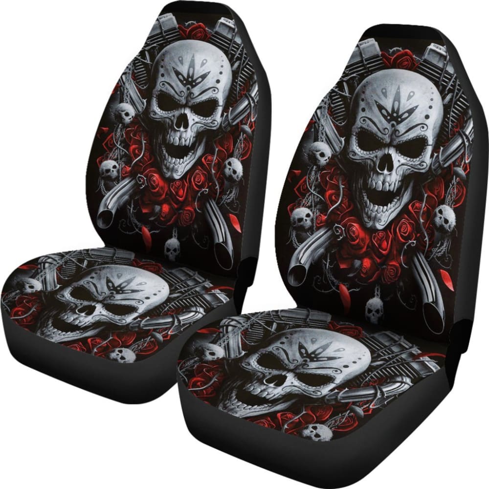 2 Pcs Gothic Biker Skull Car Seat Covers - Black Motorcycle Style Seat Protectors for Cars, Trucks & SUVs - Perfect for Biker Enthusiasts & Gothic Decor Lovers
