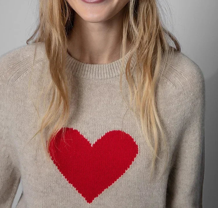 Wool Blend Alma Heart Jacquard Knit Sweater | Women's Winter Pullover | Cozy Casual & Office Wear