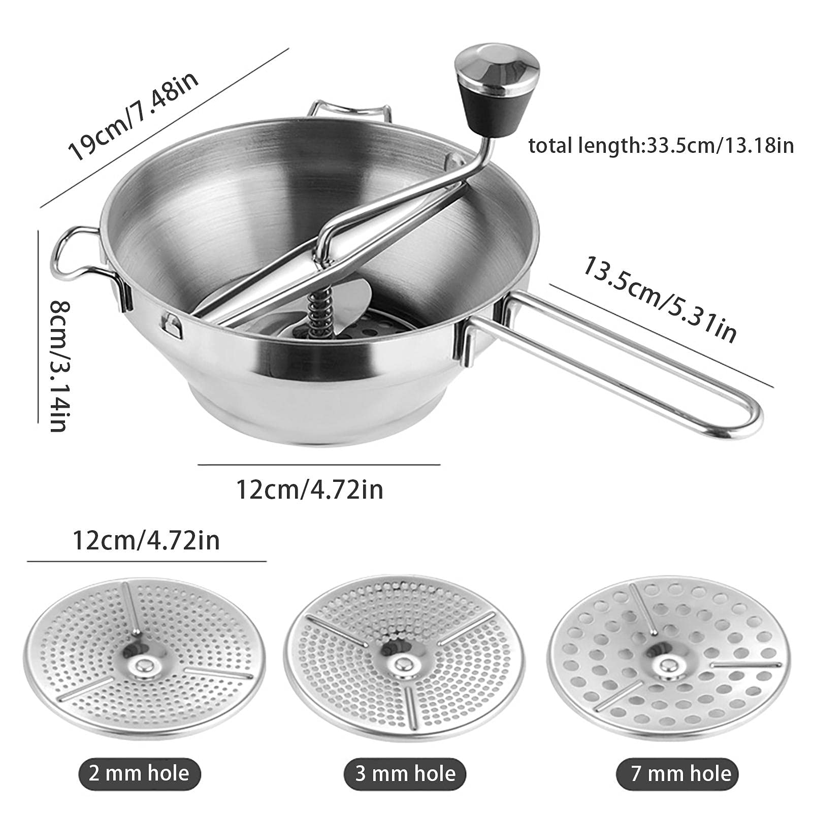 Premium Stainless Steel Food Mill with 3 Interchangeable Discs - Manual Puree Maker for Tomato Sauce, Applesauce, Jam & Baby Food - Durable Rotary Food Grinder for Home Kitchen & Canning