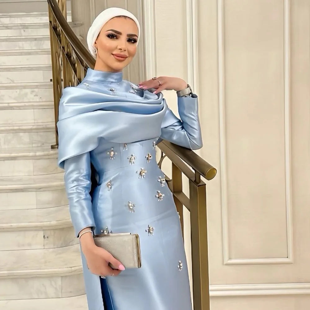 Elegant Blue Satin Beaded Mermaid Evening Gown with Detachable Overskirt LA72414M - Perfect for Prom, Gala & Formal Events