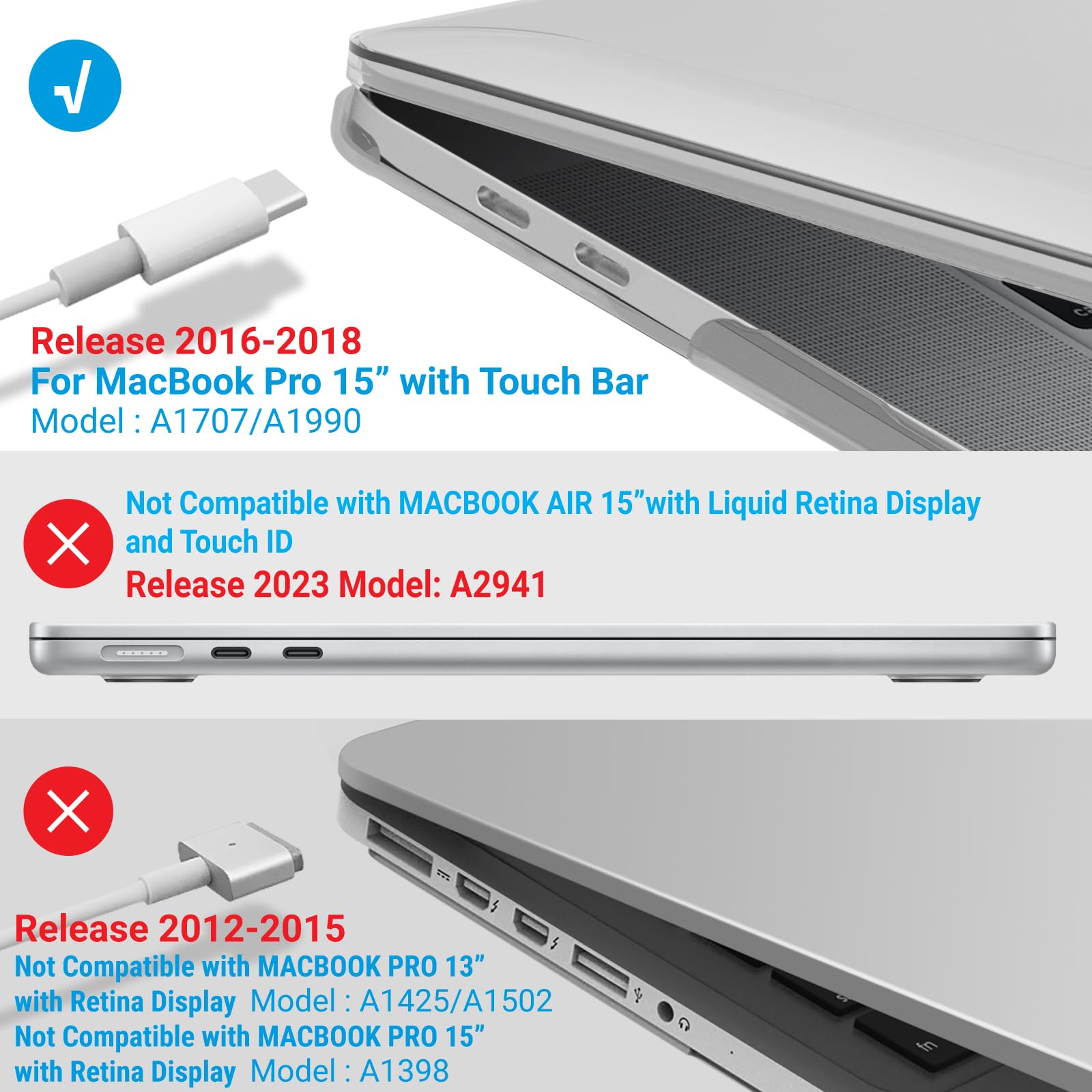 IBENZER Hard Shell Case for MacBook Pro 15 Inch (2016-2019 Models A1990/A1707) with Keyboard Cover & USB-C Adapter - Crystal Clear Protective Cover for Touch Bar MacBook - Perfect for Office, Travel & School Use