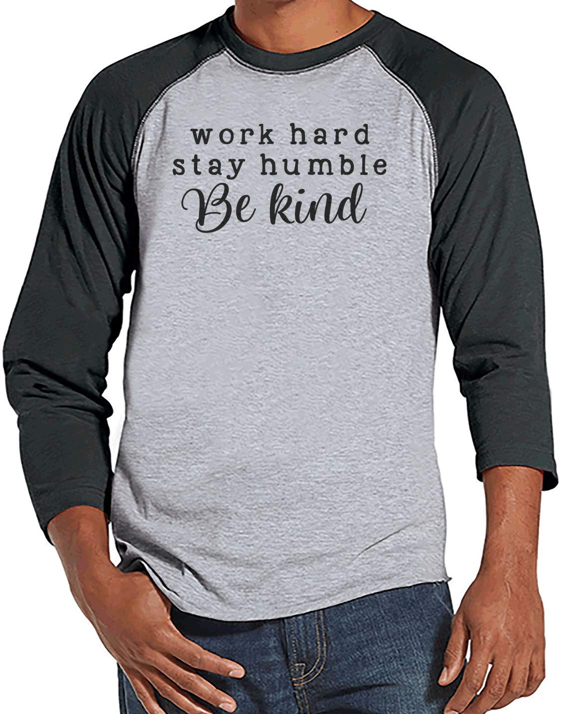 7 ate 9 Apparel Men's Be Kind Motivational Raglan T-Shirt - Grey Comfort Fit Baseball Tee for Casual Wear & Gym Workouts