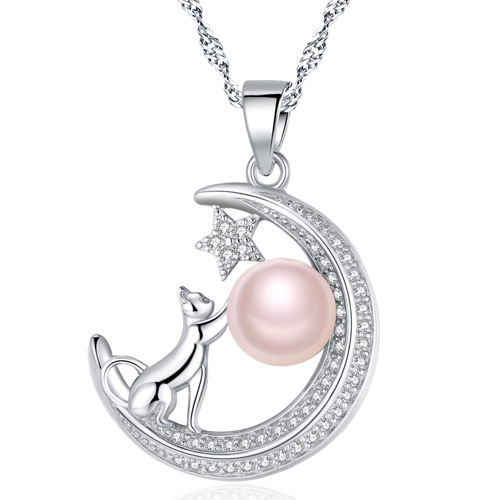 Canrtora Women's Freshwater Pearl & Cat Pendant Necklace - Silver & Gold Plated Christmas Gift for Girlfriend (16+2