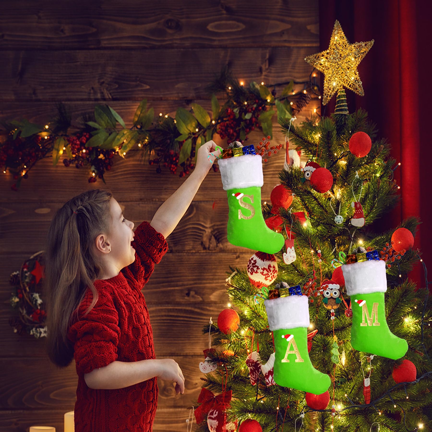 Personalized 20-Inch Monogram Christmas Stockings - Large Green Velvet Holiday Stockings with Soft Plush Cuff - Perfect for Fireplace, Xmas Tree & Holiday Decorations (Custom Letters Available)