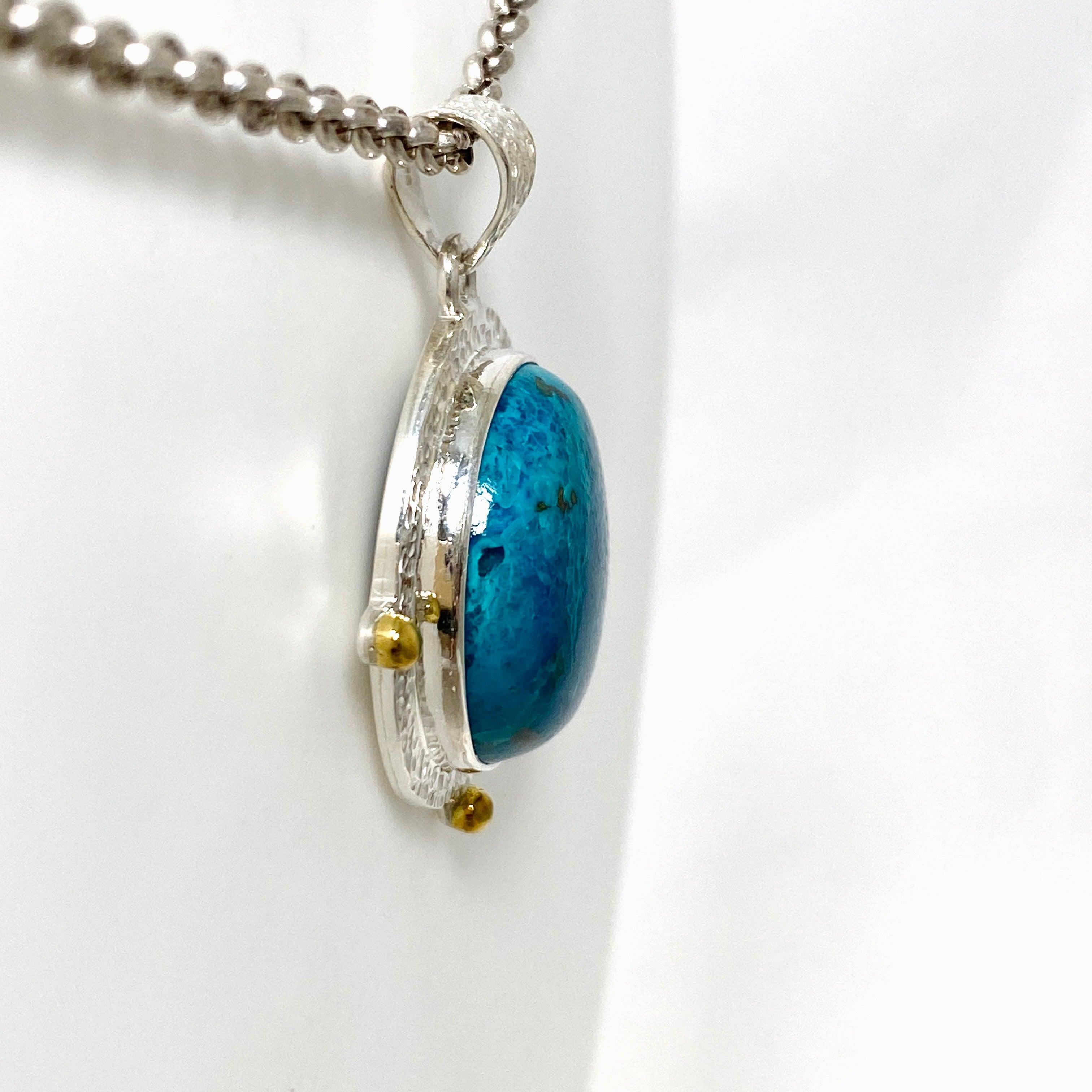 Chrysocolla and Shattuckite Round Pendant Necklace - Handmade Gemstone Jewelry KPGJ4424 | Spiritual Healing, Meditation & Boho Fashion Accessory