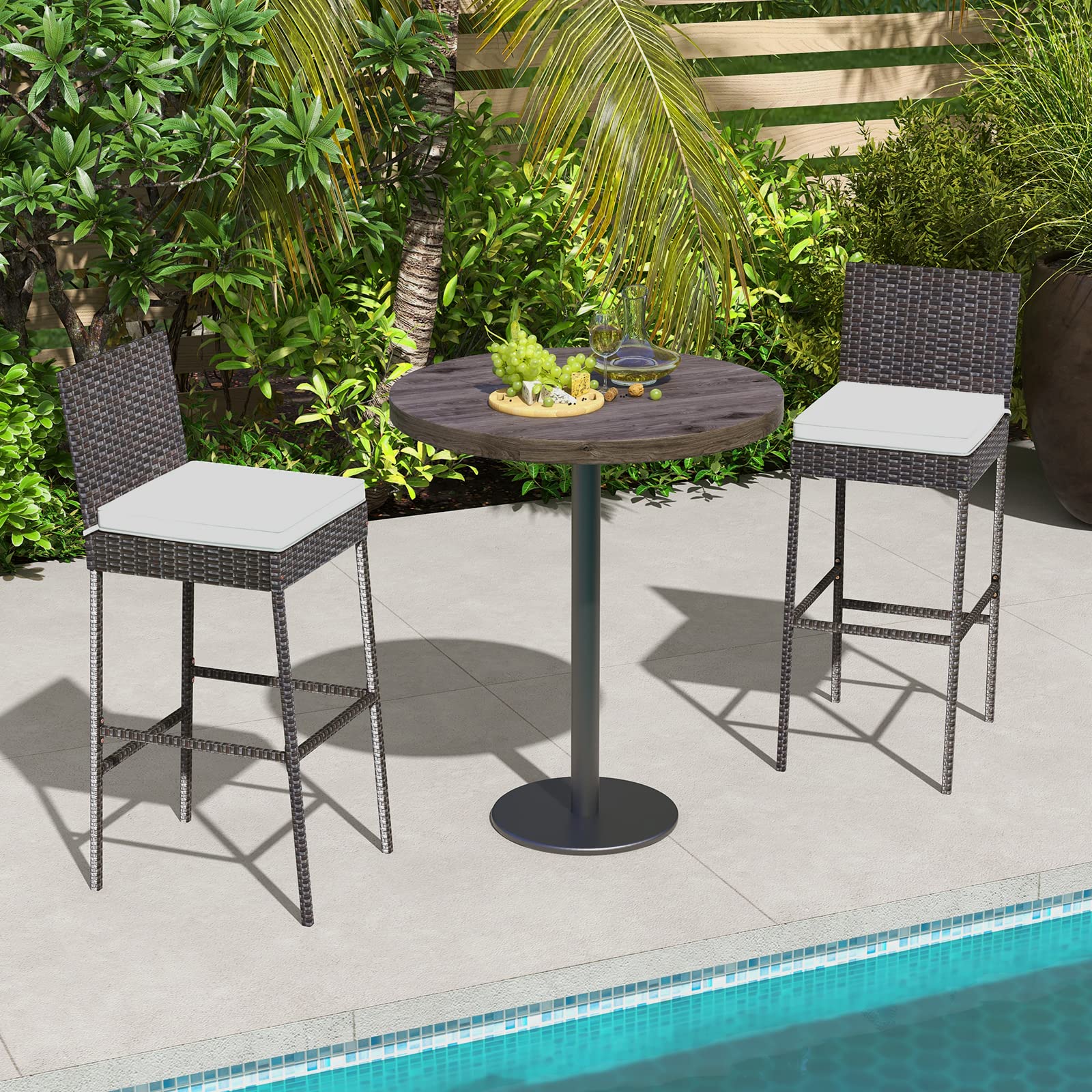 RELAX4LIFE Set of 2 Outdoor Bar Stools - 30'' Counter Height Wicker Rattan Patio Barstools with Backrest, Footrest & Cushions - 400LBS Weight Capacity Metal Frame Bar Chairs (Mix Brown) - Perfect for Backyard, Poolside, Deck & Outdoor Dining Areas