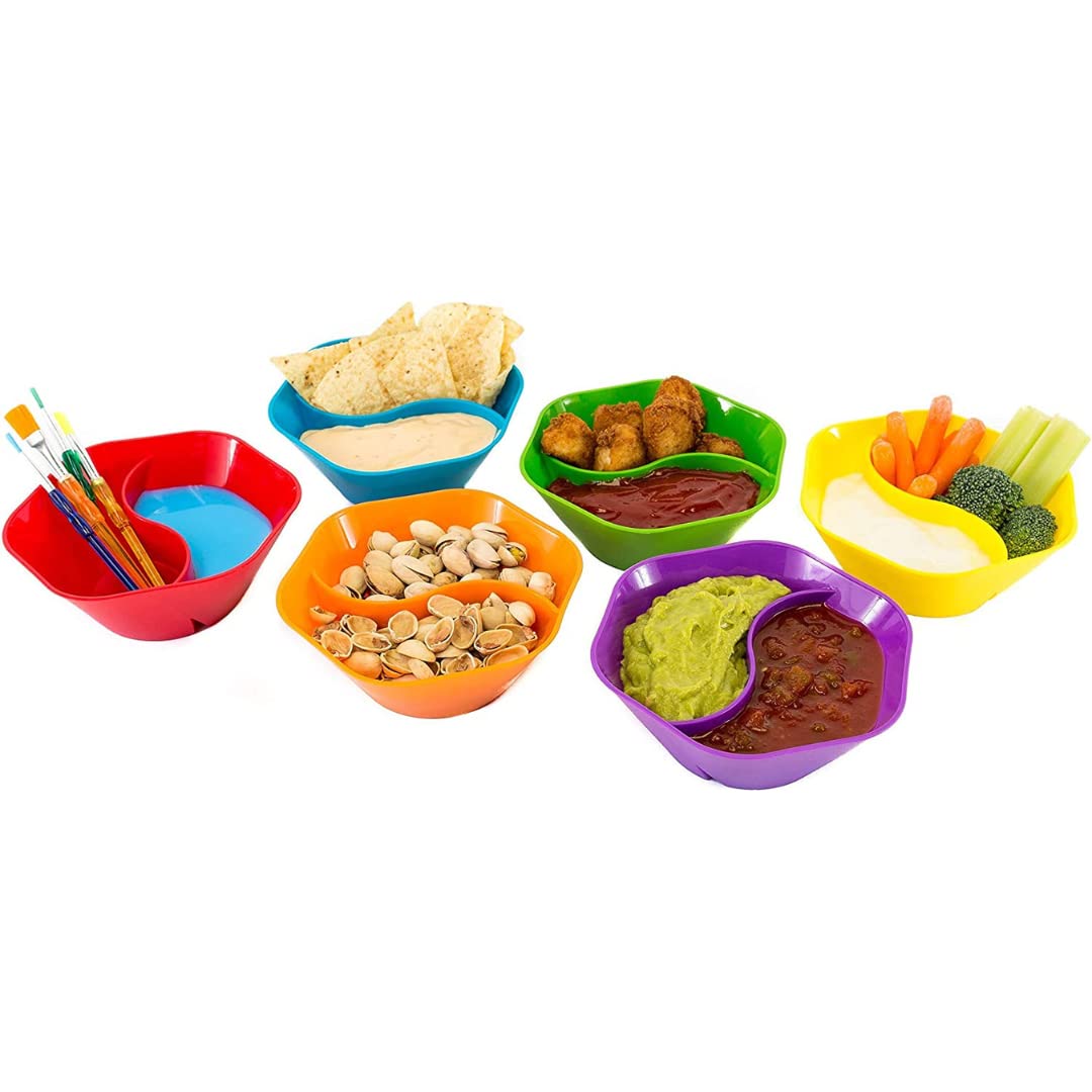 Double Dipper Snack Bowls Set of 6 - Divided Serving Bowls for Chips, Dips & Nuts - Microwave & Dishwasher Safe - Perfect for Parties & Snacking