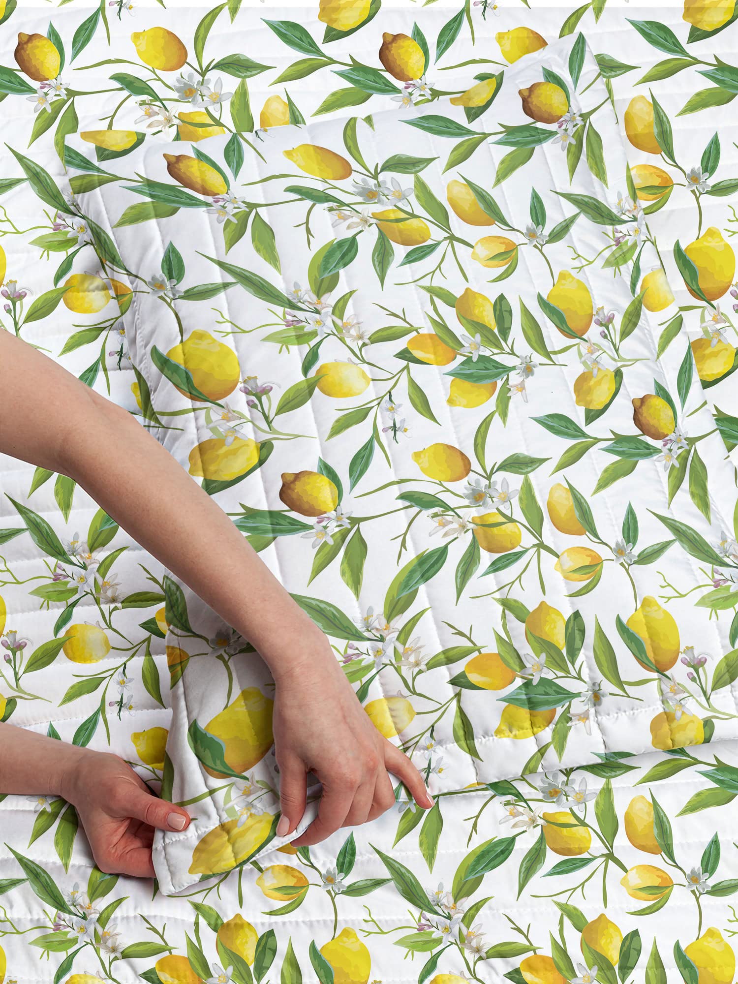 Ambesonne Queen Size Microfiber Bedspread Set - Flowering Lemon & Citrus Print, Soft Bedding with Pillow Shams & Comforter in Fern Green, Yellow & White | Nature-Inspired Bedroom Decor for Spring & Summer Refresh