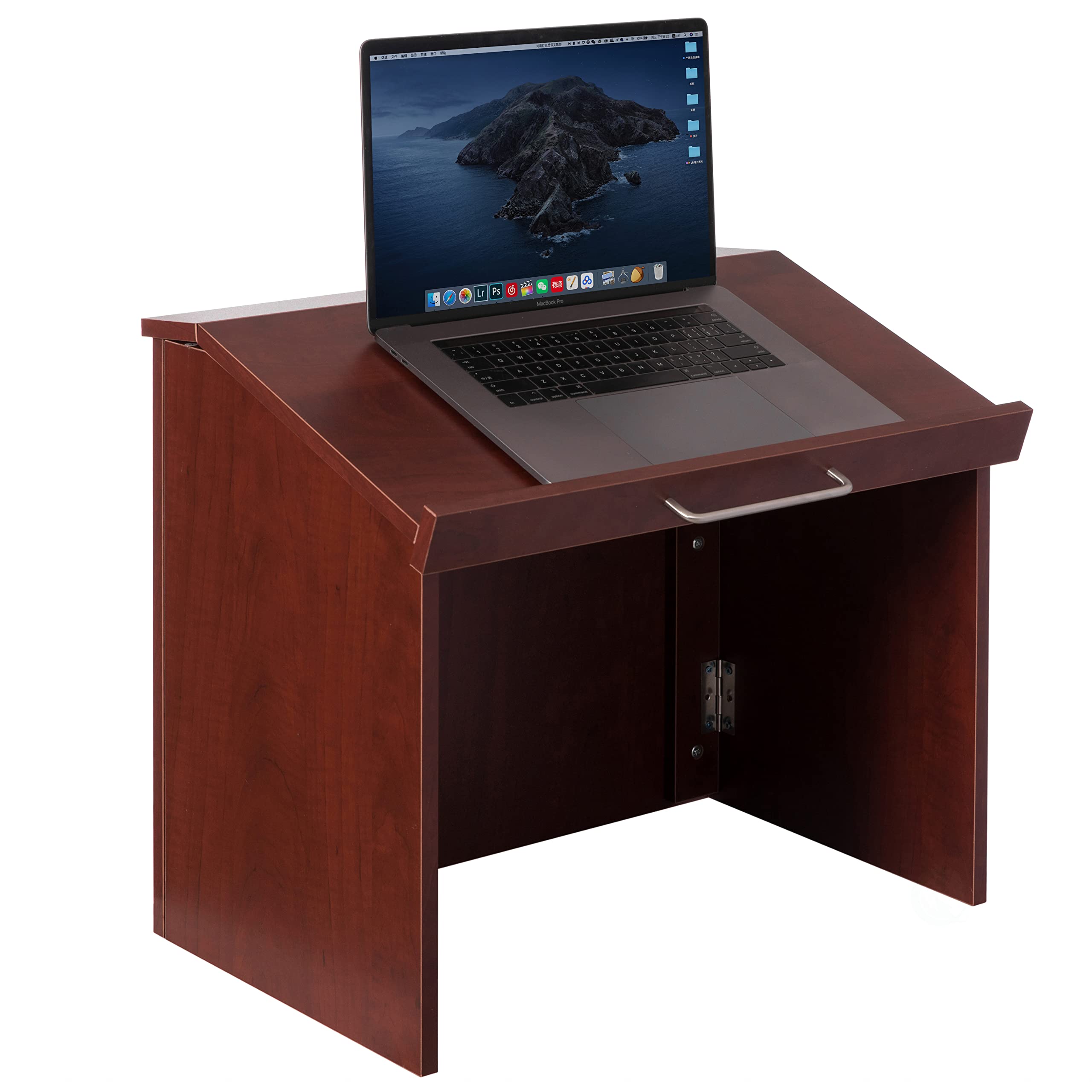 Basicwise Foldable Tabletop Portable Podium Stand - Lightweight & Adjustable for Church Sermons, School Presentations, Office Meetings & Home Use - Cherry Wood Finish - Perfect for Lecterns, Public Speaking & Event Hosting