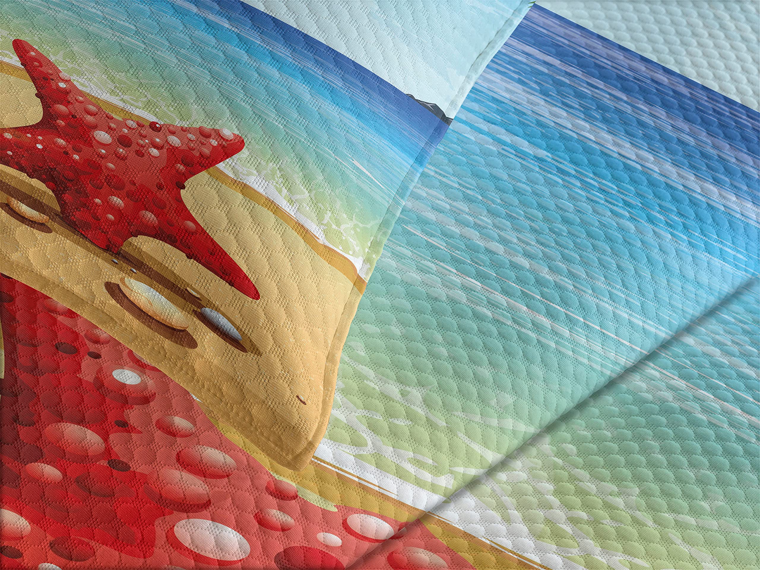 Ambesonne King Size Beach Bedspread Set - Tropical Ocean Theme with Starfish, Palm Trees & Sun Rays, 3-Piece Quilted Coverlet & 2 Pillow Shams in Sand Cream Blue | Perfect for Coastal Bedroom Decor, Vacation Rental Styling & Tropical-Themed Guest Rooms