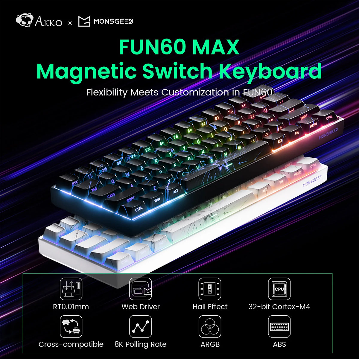 Akko Monsgeek Fun60 Max 60% Wireless Hall Effect Gaming Keyboard - White Nebula Glare Magnetic Switch for PC, Mac, Gaming & Office Use