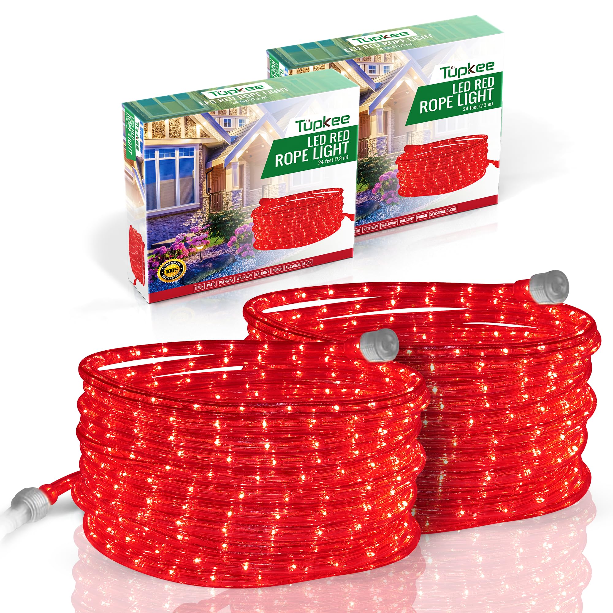 Tupkee 24ft Red LED Rope Lights - 144 Ultra-Bright LEDs, 10mm Diameter Waterproof Indoor/Outdoor Decorative Lighting (2 Pack) - Perfect for Christmas, Parties, Patio, Garden & Home Decor