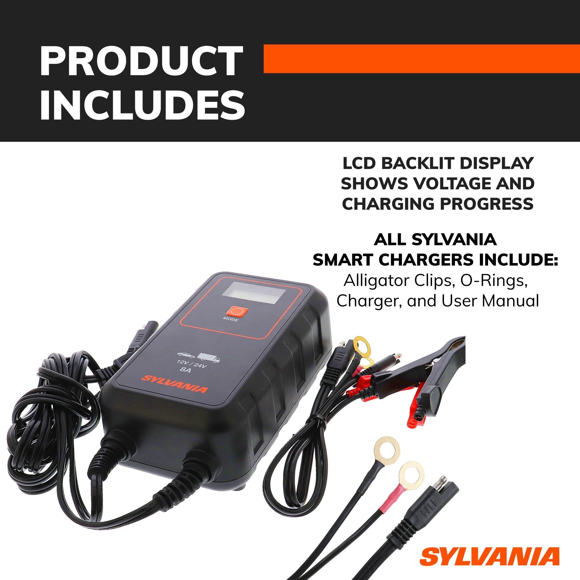 SYLVANIA Heavy-Duty 12V/24V 8A Smart Car Battery Charger & Maintainer - Portable Automotive Battery Charger for Cars, Trucks, SUVs - Perfect for Winter Storage, Long Trips & Emergency Jump Starts