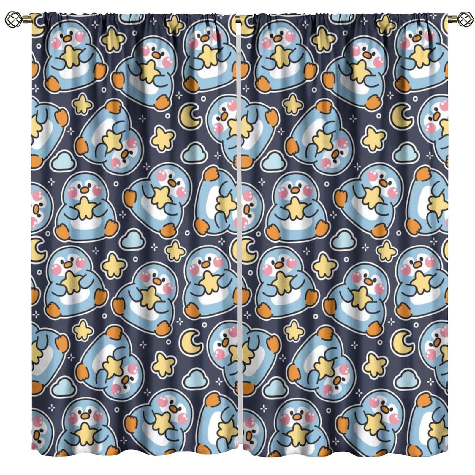 Cute Penguin Blackout Curtains with Star & Moon Night Sky Design - Thermal Insulated Rod Pocket Drapes for Kids Room & Nursery (84x84 Inches) - Perfect for Bedrooms, Daycare & Light-Sensitive Sleepers