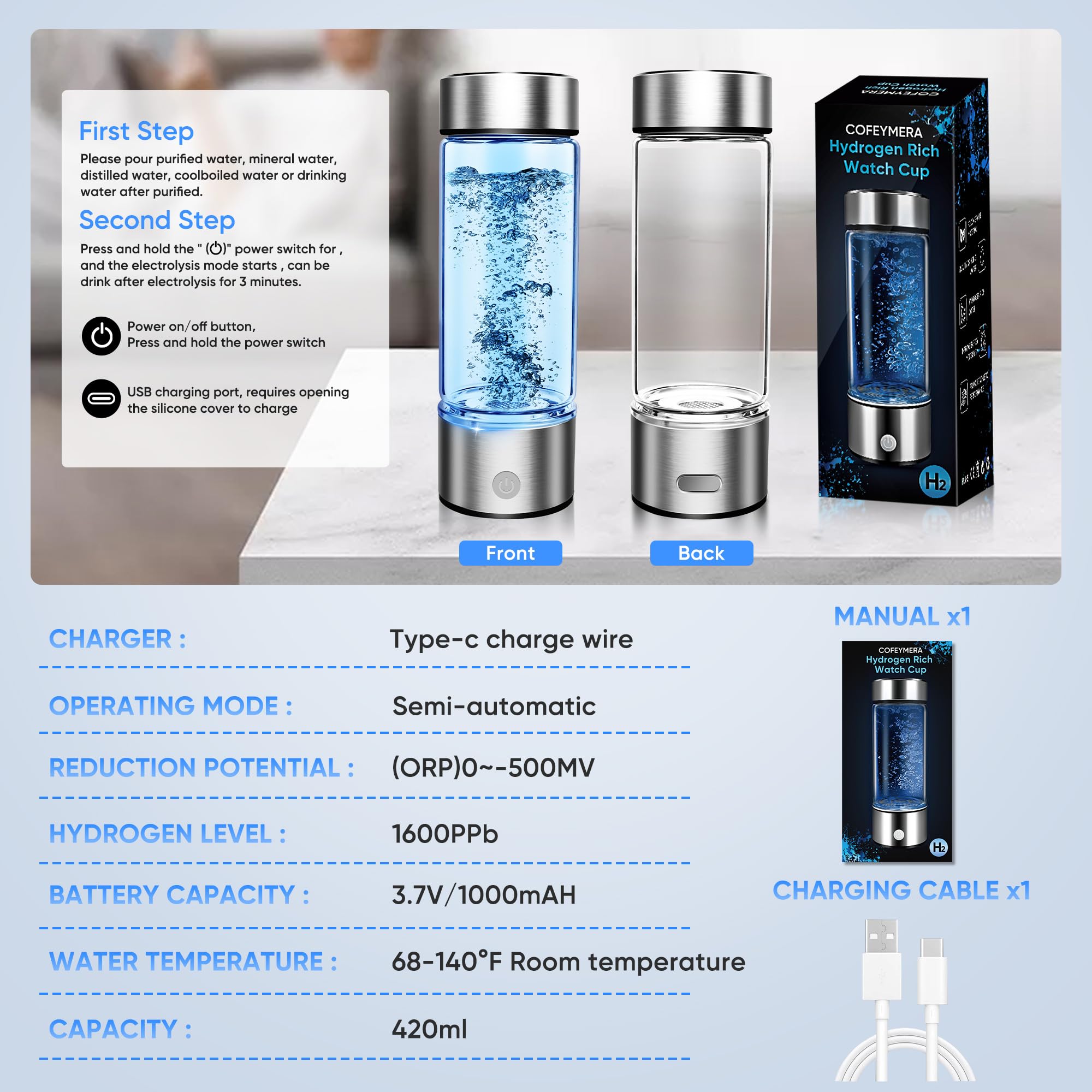 Premium Portable Hydrogen Water Bottle Generator - SPE & PEM Technology, Rechargeable Hydrogen Water Machine for Improved Water Quality in 3 Minutes (Silver) | Perfect for Travel, Gym, and Daily Hydration