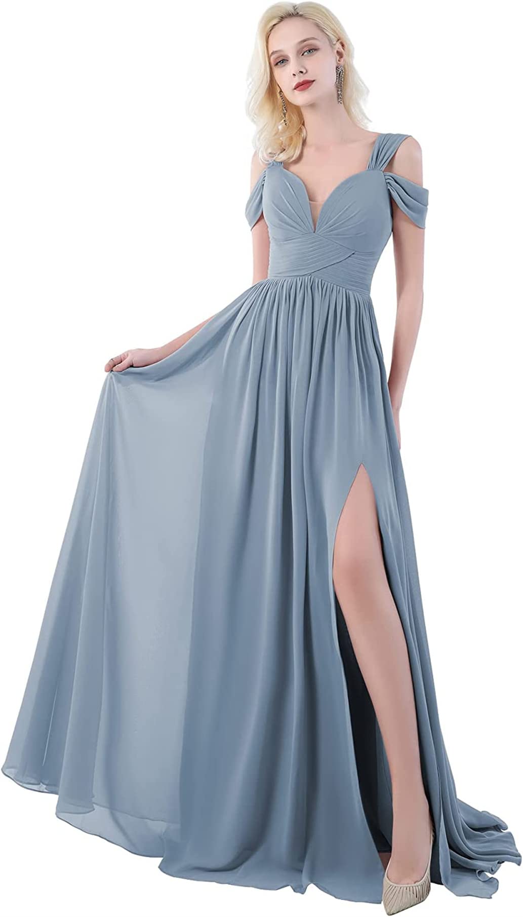 OFEYCHUN Women's Elegant Chiffon Bridesmaid Dress - Long Cold Shoulder A-Line Formal Evening Gown with Thigh High Slit | Perfect for Weddings, Prom, Cocktail Parties & Special Occasions
