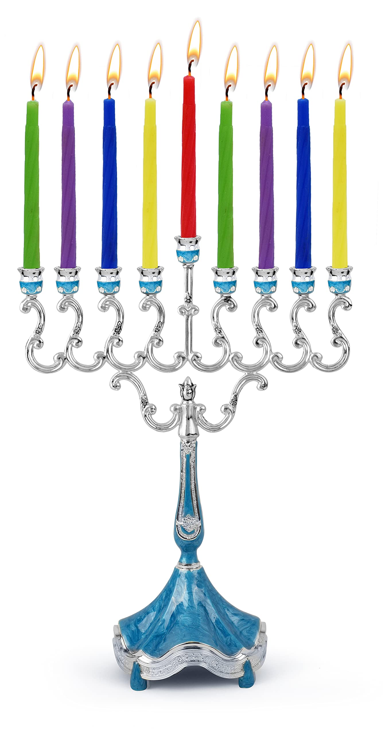 Elegant Silver Plated Hanukkah Menorah with Blue Marble Accents - 8.5 Inch Modern Chanukiah for Standard Candles | Perfect for Jewish Holiday Decor & Home Celebration