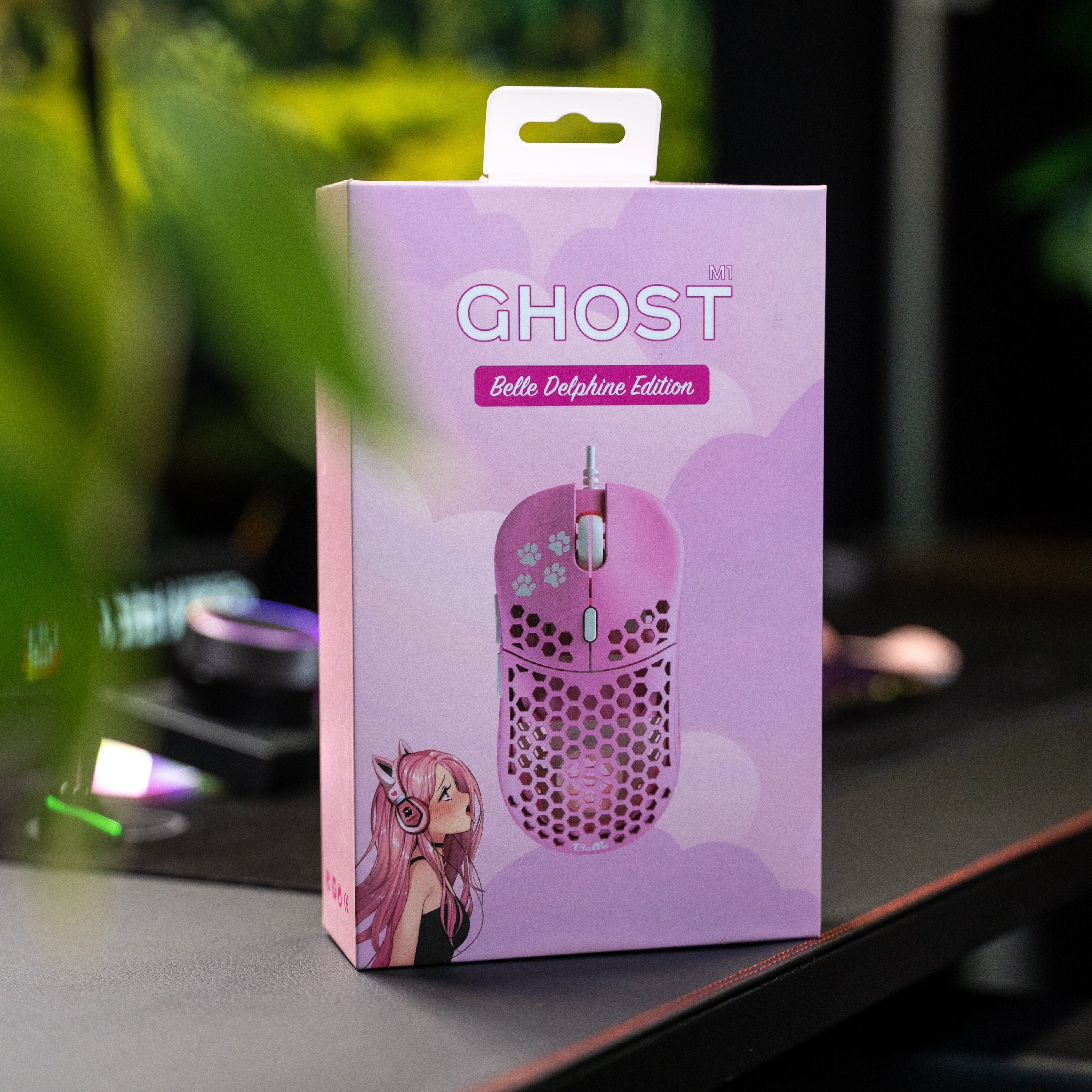 Belle Delphine X Ghost M1 UltraLight Gaming Mouse - Wireless RGB Kitty Pink Design for PC & Mac - Perfect for FPS, MOBA & Streaming Gamers