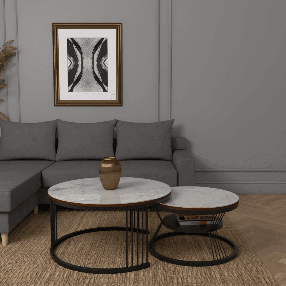 Elias Glossy Sintered Stone Round Nesting Coffee Table Set - Modern Minimalist Living Room Furniture for Small Spaces, Perfect for Apartments, Condos and Home Decor