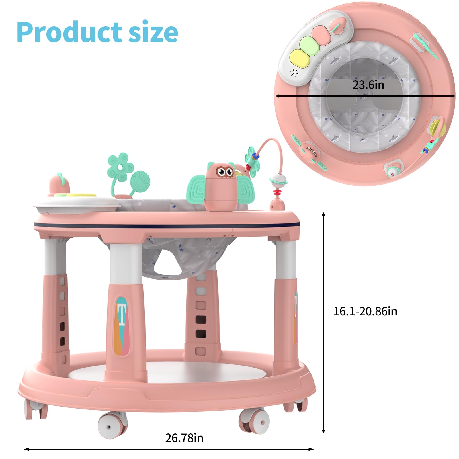 Adjustable Baby Walker for 6-12 Months - 5 Height Settings, 360° Swivel Seat with Music & Detachable Toys | Safe Activity Center for Boys & Girls (Pink) | Perfect for Learning to Walk & Indoor Play