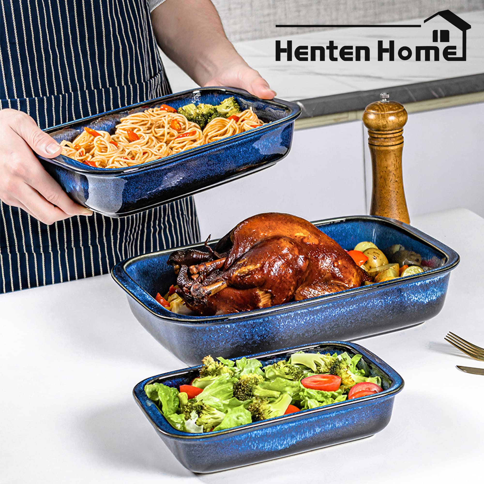 Henten Home 3-Piece Ceramic Baking Dish Set - Porcelain Bakeware for Oven & Microwave, Oblong Casserole & Rectangular Baking Tray with Reactive Glaze (Blue) - Perfect for Lasagna, Casseroles & Holiday Meals