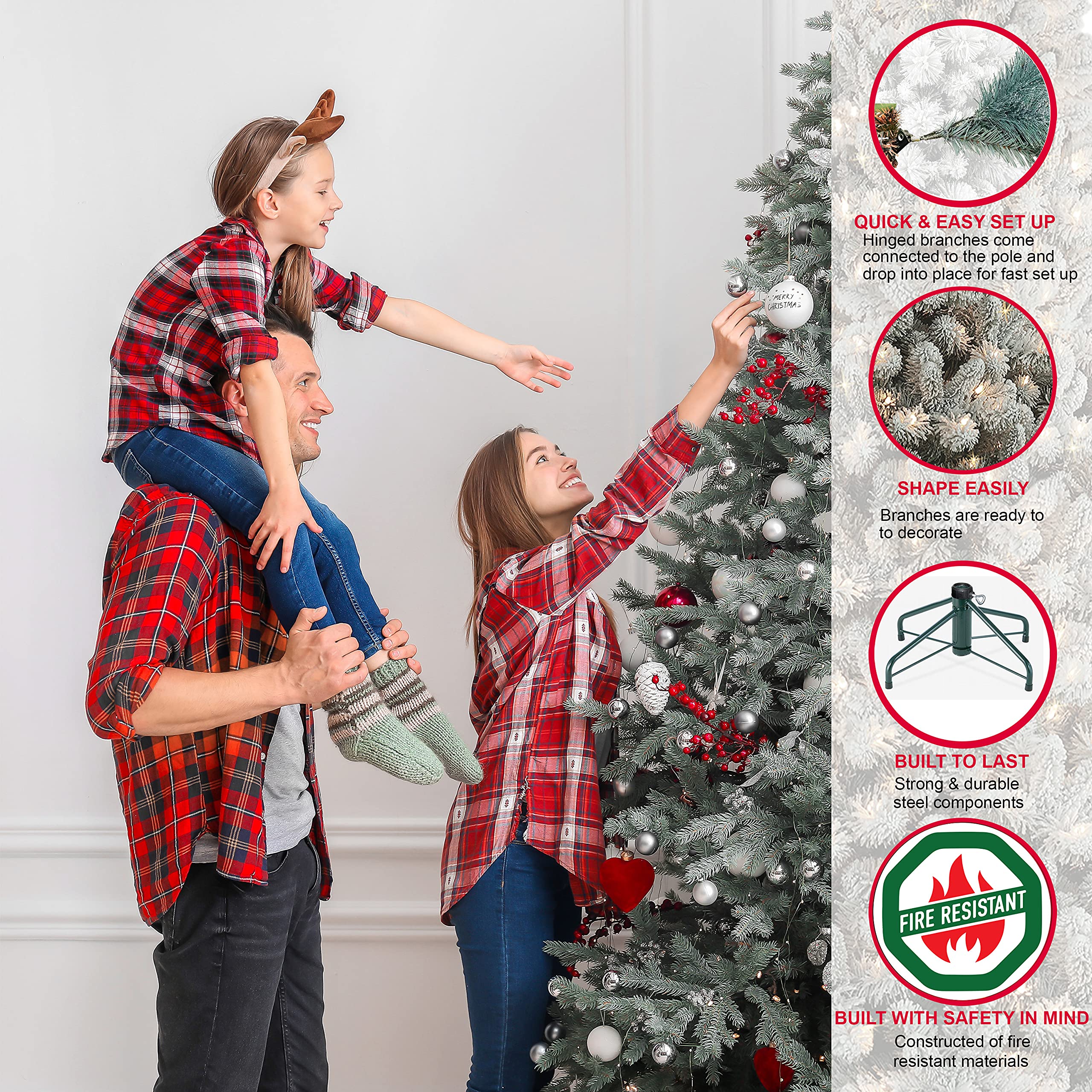 Puleo International 7.5ft Pre-Lit Slim Flocked Artificial Christmas Tree - 450 Clear Lights for Holiday Decor | Perfect for Small Spaces & Cozy Home Decor
