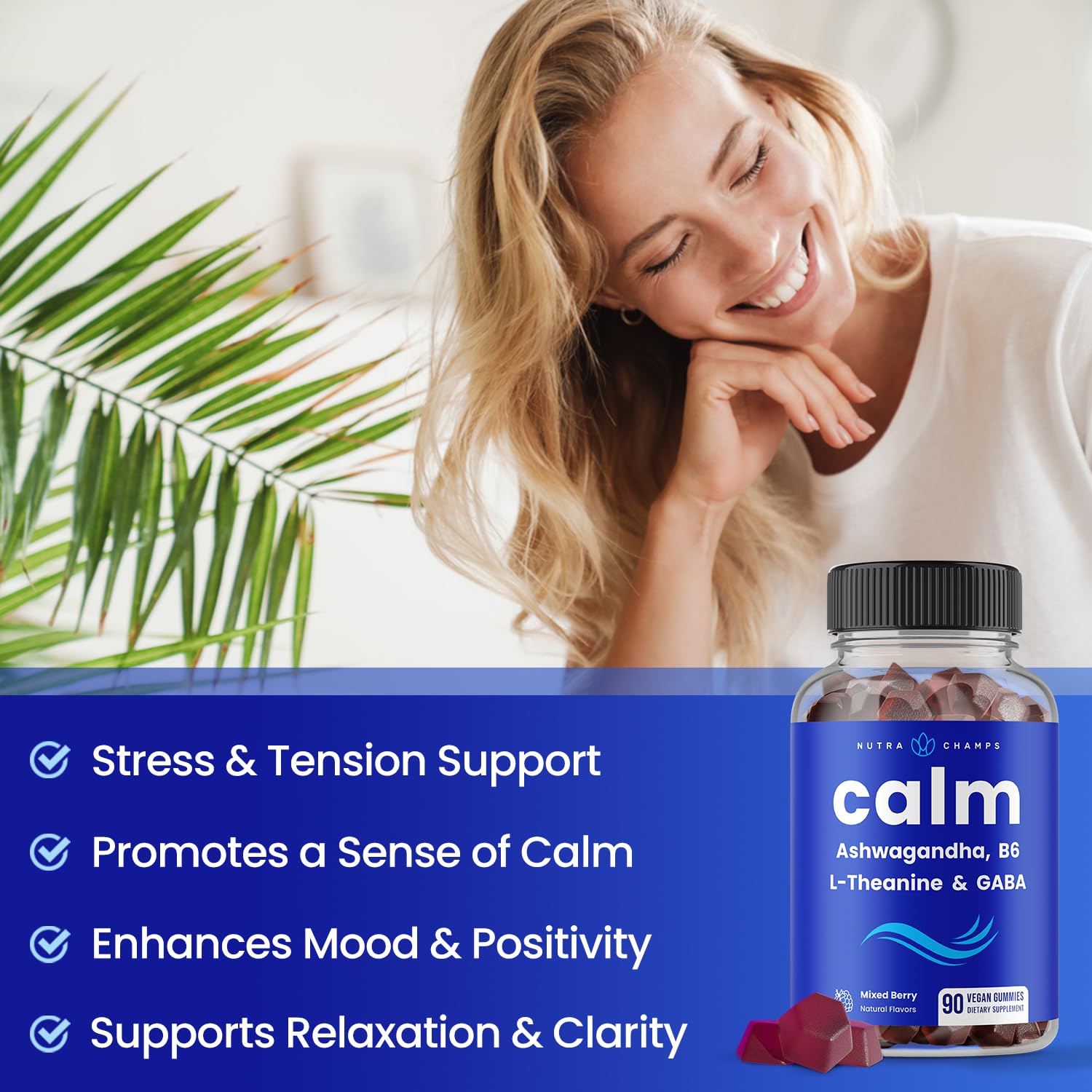 NutraChamps Stress Relief Gummies with Ashwagandha, L-Theanine & GABA - Calming Supplement for Anxiety & Relaxation - 90 Count (Pack of 2) - Perfect for Work Stress, Travel & Daily Wellness Support