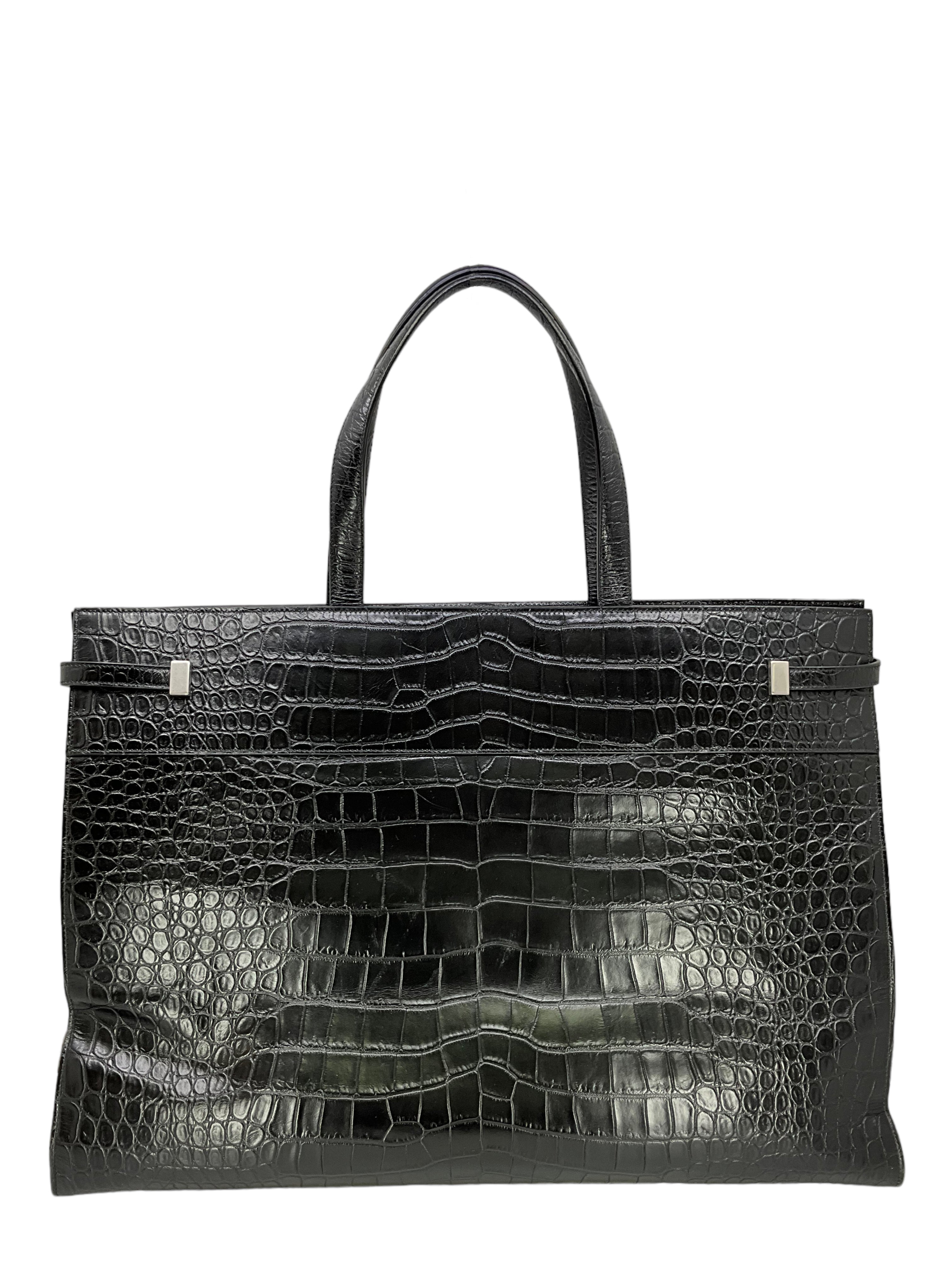 SAINT LAURENT Manhattan Crocodile Embossed Leather Large Travel Bag Satchel for Women - Perfect for Business Trips, Weekend Getaways & Luxury Travel Accessories