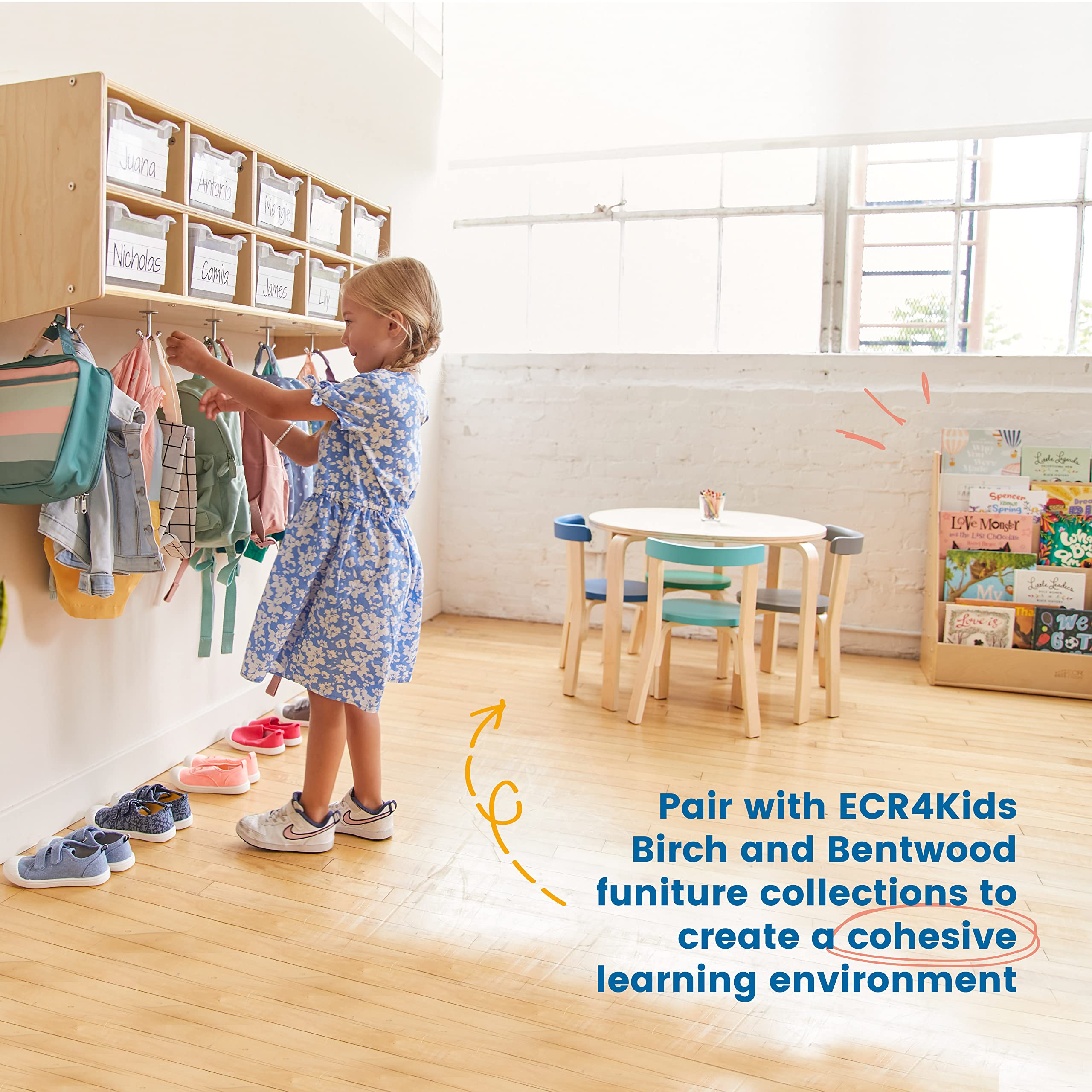 ECR4Kids Natural Blue 10-Section Hanging Coat Locker with Scoop Front Storage Bins - Classroom Organization, Daycare Storage, School Cubby for Kids' Coats & Backpacks