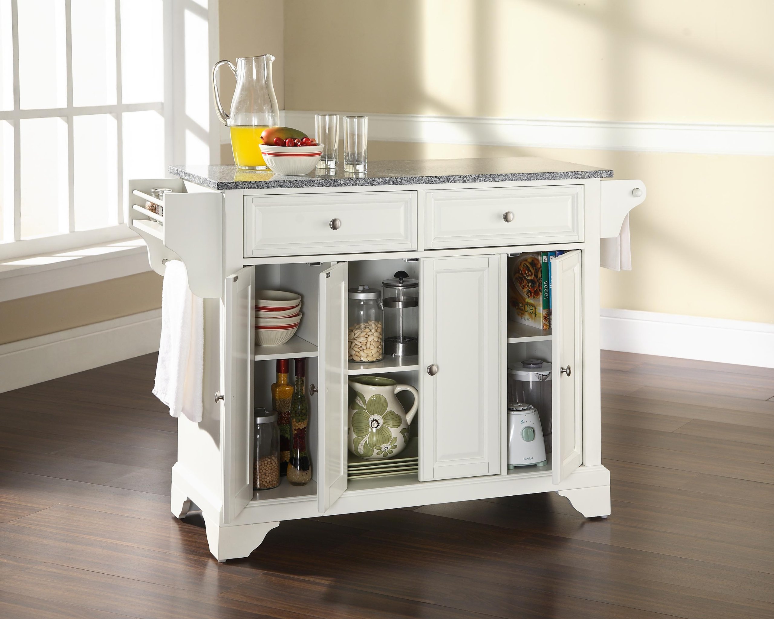 Crosley Lafayette Granite Top Rolling Kitchen Island Cart with Storage - Microwave Stand & Spice Rack, White | Perfect for Small Kitchens, Pantry Organization & Mobile Food Prep Station