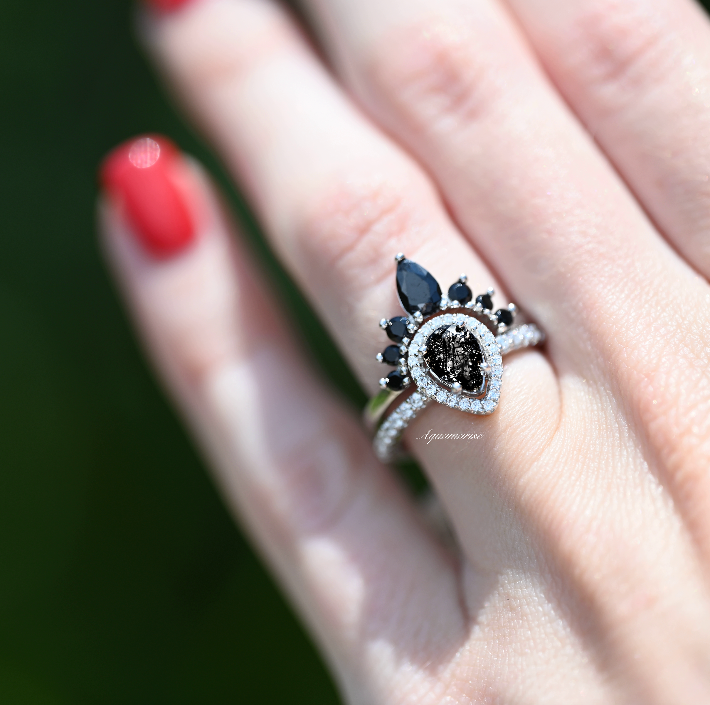 925 Sterling Silver Amy Rutilated Quartz & Black Diamond (Onyx) Ring Set | Elegant Jewelry for Women, Gift for Her, Wedding, Anniversary & Special Occasions