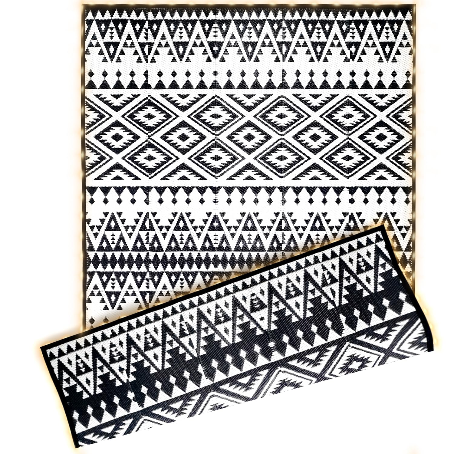 **8x10ft Waterproof Reversible Outdoor Rug with LED Strip Lights – Plastic Straw Mat for Patio, Deck, RV, Camping, Porch, Backyard & Balcony – Black & White Design – Perfect for Nighttime Gatherings & Outdoor Decor**