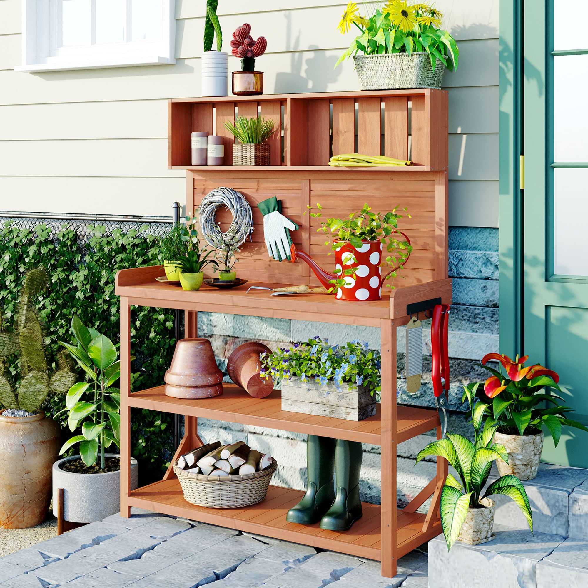 Merax 65 Inch Large Wooden Farmhouse Rustic Outdoor Potting Bench Table with 4 Storage Shelves & Side Hook - Patio Workstation for Gardening, Backyard, Natural Wood - Perfect for Planting, Organizing Tools & Outdoor Decor