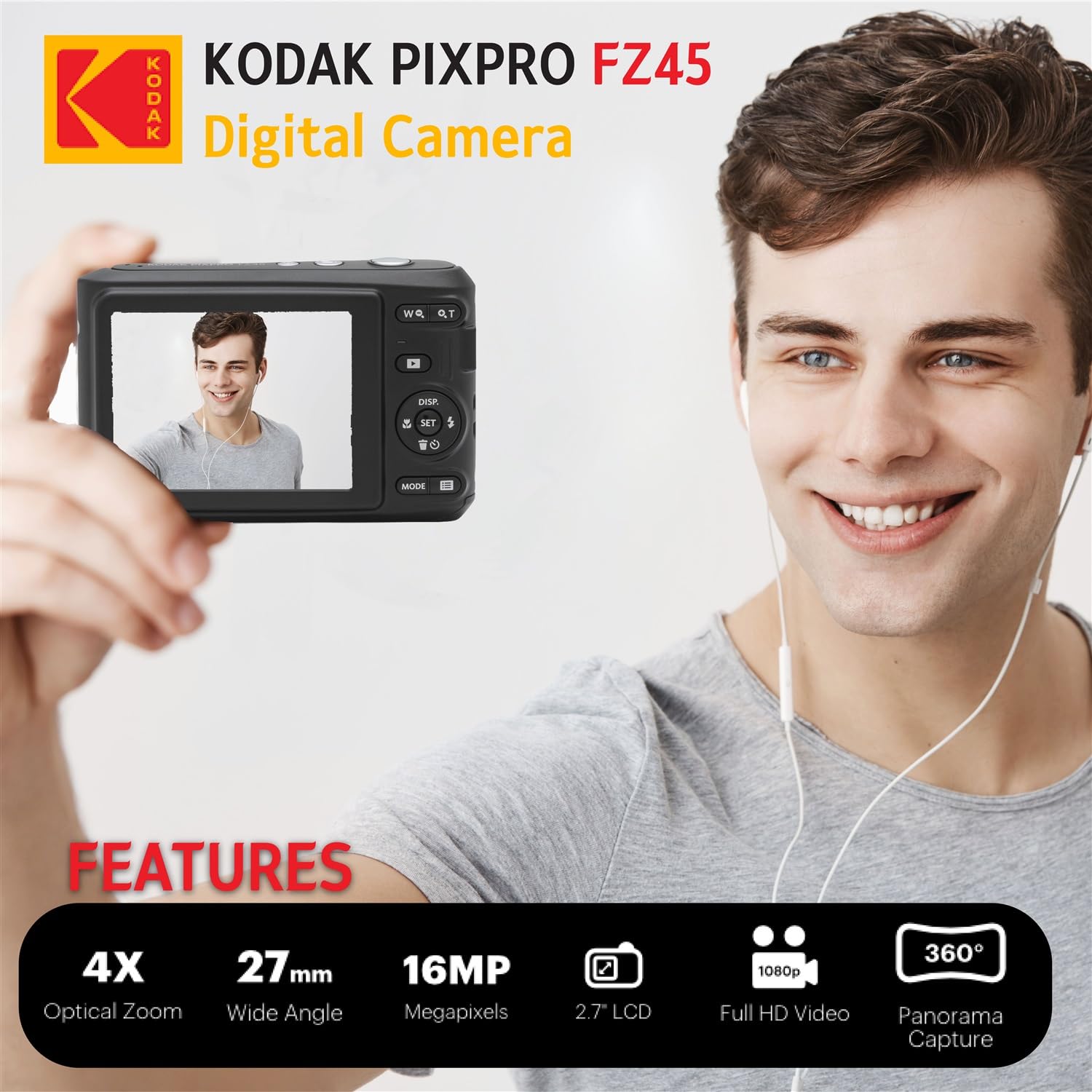 Kodak PIXPRO FZ45 16MP Digital Camera with 4X Optical Zoom - Black Point & Shoot Camera Bundle with Protective Case & SanDisk 128GB SDXC Memory Card - Perfect for Travel, Vlogging & Everyday Photography