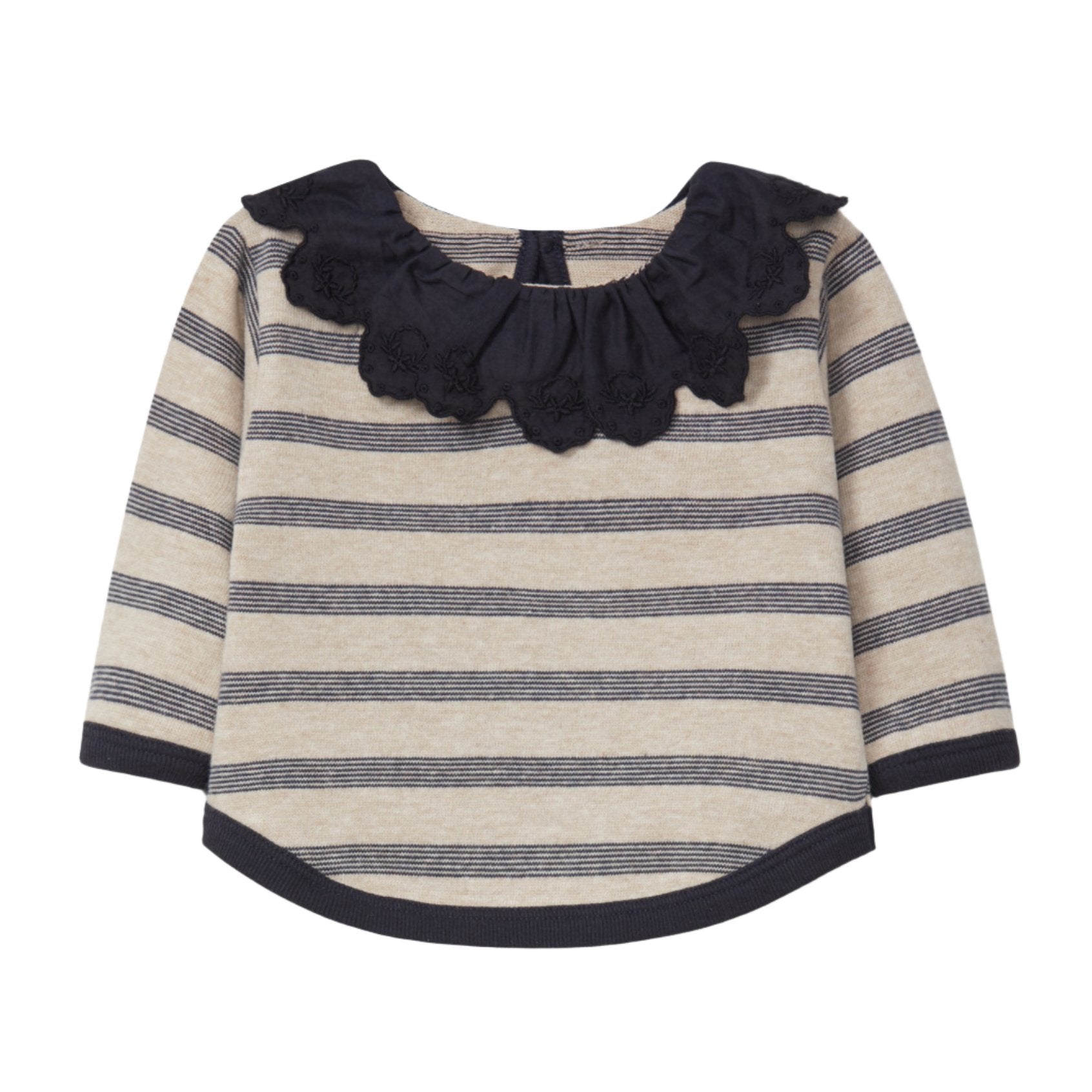 Snug Portugal Women's Ruffle Collar Striped Top - Navy Blue & White Casual Blouse for Work, Date Night & Summer Outfits