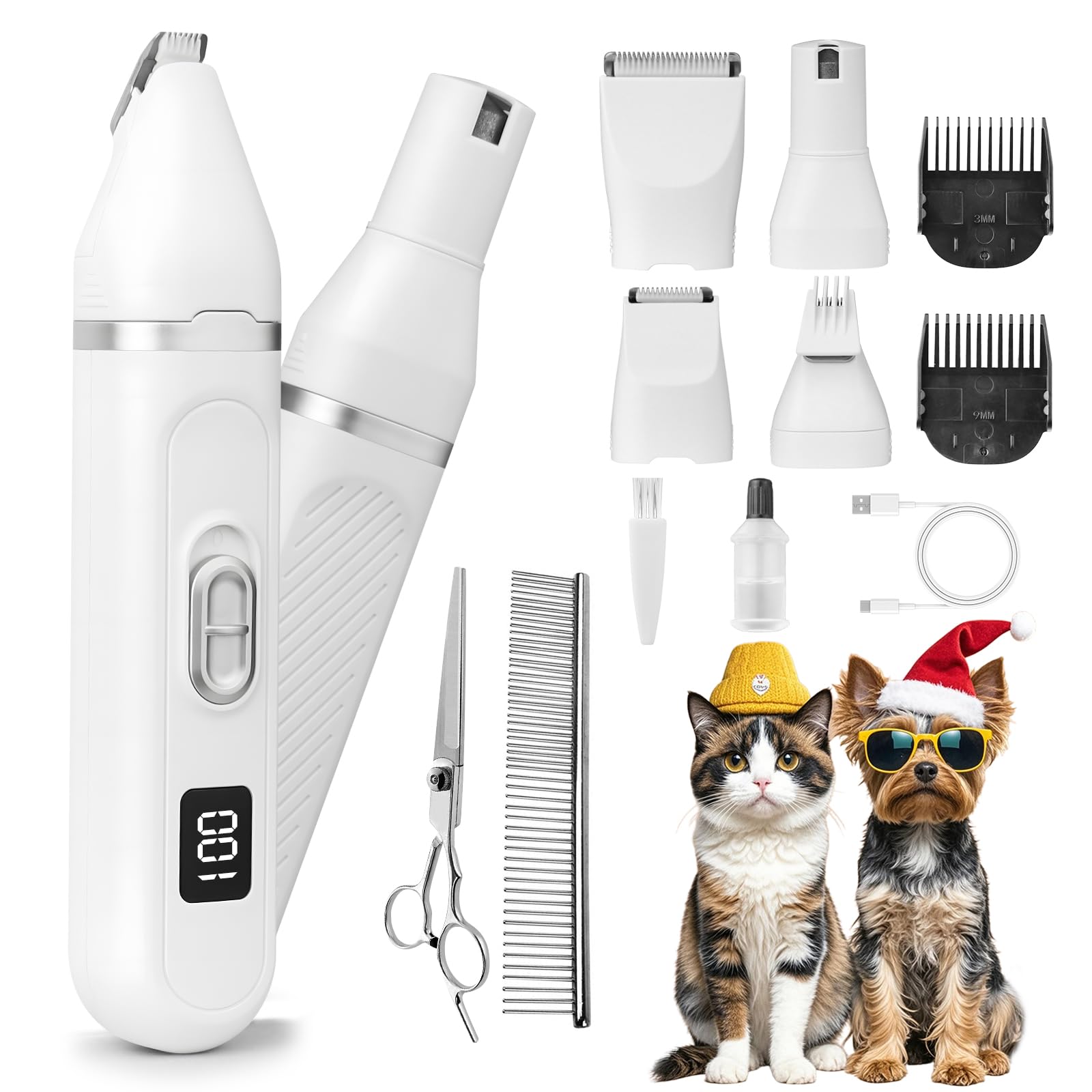 6-in-1 Quiet Dog Nail Grinder & Paw Trimmer Kit - Rechargeable Pet Grooming Clippers with Stainless Steel Scissor, Comb & IPX7 Waterproof - Perfect for Small to Medium Dogs at Home Grooming