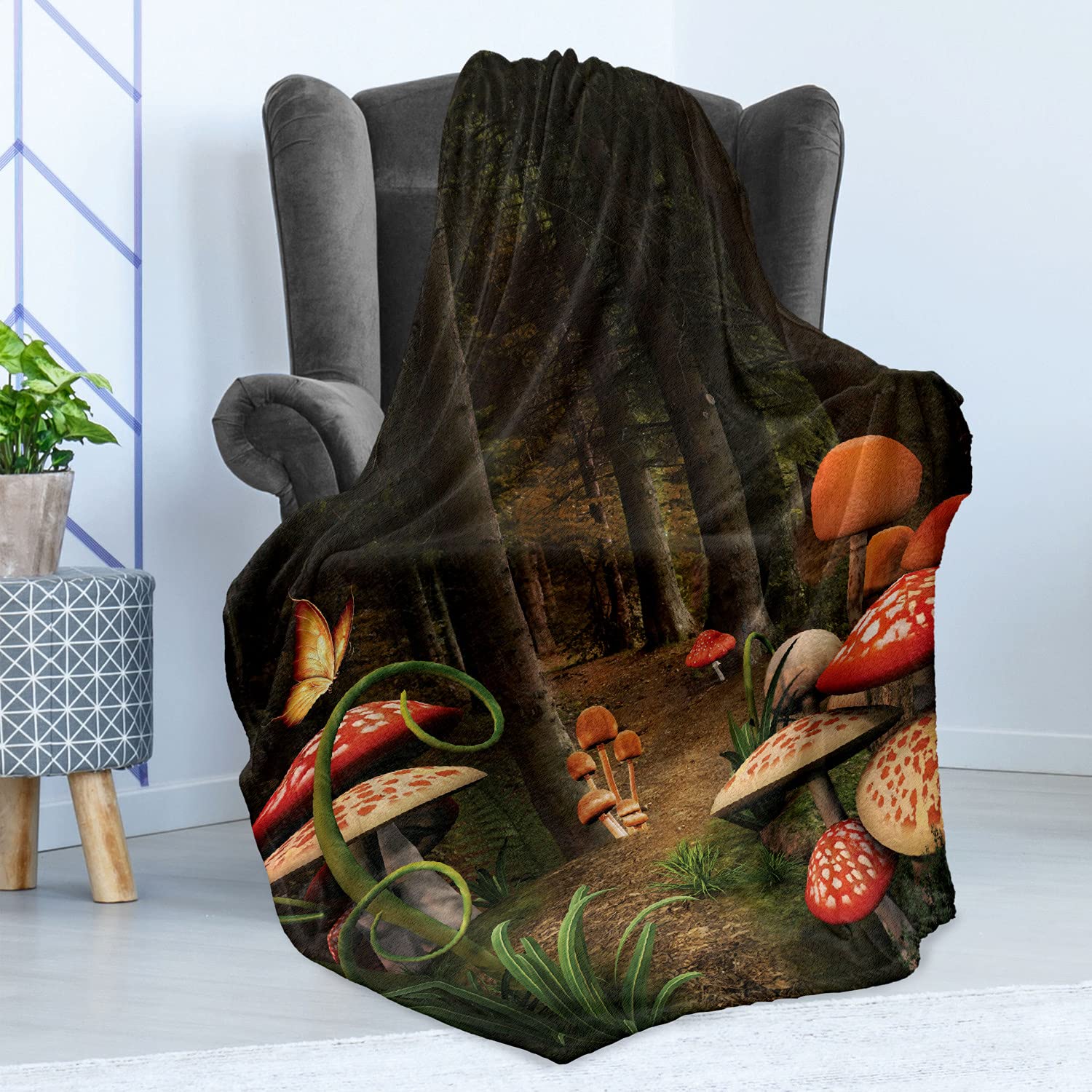 Ambesonne Mushroom Fleece Throw Blanket - Soft Plush Flannel for Couch, Bed & Outdoor Use - Fantasy Forest Nature Theme with Earth Path - 50