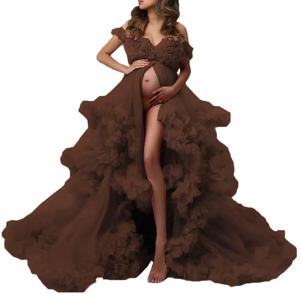 Elegant Long Puffy Maternity Dress with Tulle Skirt - V-Neck Baby Shower & Wedding Gown for Pregnancy Photoshoot | Perfect for Maternity Photos, Bridal Showers and Special Occasions