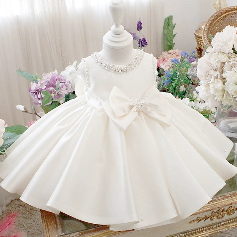 White Princess Round Tea Length Satin Flower Girl Dress for Weddings, Birthday Parties & Special Occasions