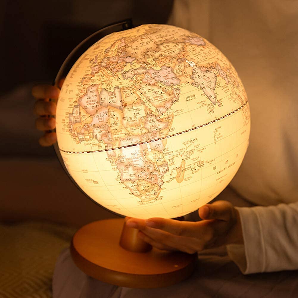LED Illuminated World Globe for Kids with Wooden Stand - Antique Educational Globe Lamp with Night Light Feature, Bilingual Chinese & English Map - Perfect for Bedroom Decor, Classroom Learning & Office Desk Accessory