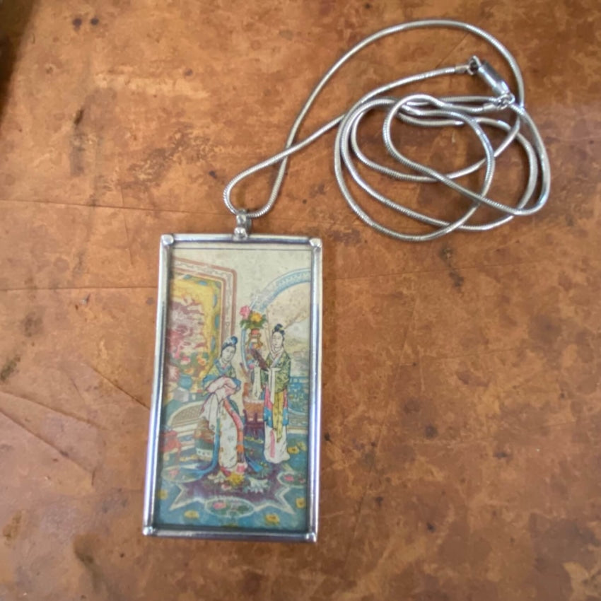 Vintage Chinese Paper Under Glass Sterling Silver Necklace - Handmade Antique Jewelry for Women, Perfect for Weddings & Special Occasions