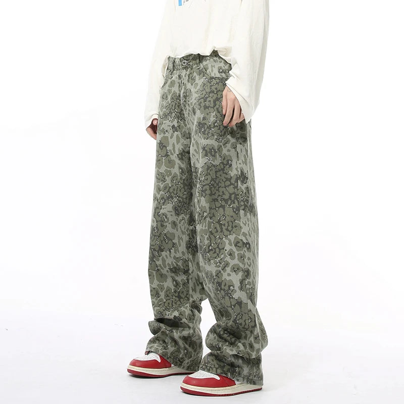 American Style Men's Jeans | Leopard Print Hip Hop Wide Leg Denim Pants for Men | Straight Cut Casual Trousers | Fall Fashion | Perfect for Streetwear, Hip Hop Outfits & Everyday Wear
