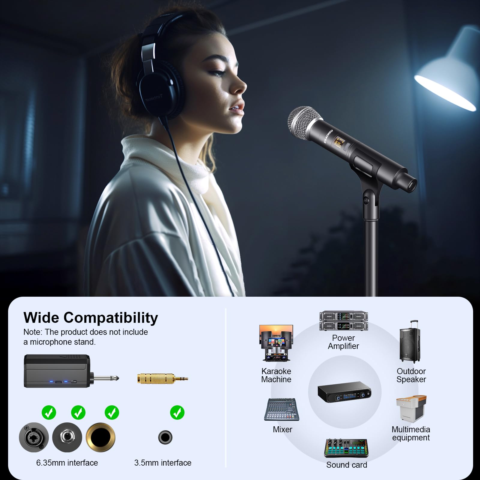 Aokeo UHF Wireless Microphone System - Rechargeable Handheld Dynamic Mic with 160ft Range & 4-Hour Battery Life for Karaoke, Church, Live Performances, Public Speaking & Events - Compatible with Amplifiers, Mixers & PA Systems
