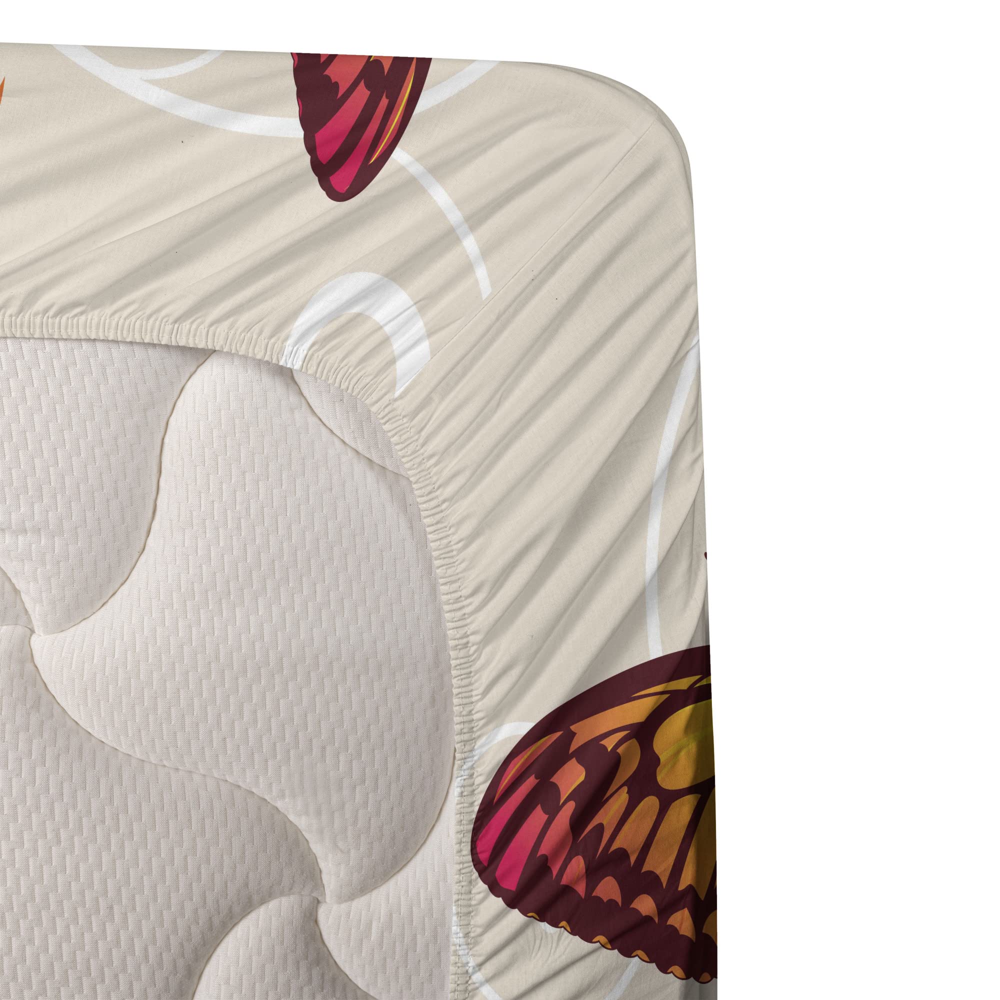Ambesonne Floral Sheet Set 4-Piece King Size - Butterflies & Swirled Blossoms Botanical Design, Beige Green Red Bedding with Fitted Sheet, Flat Sheet & Pillowcases | Perfect for Master Bedroom, Guest Room & Bohemian Home Decor