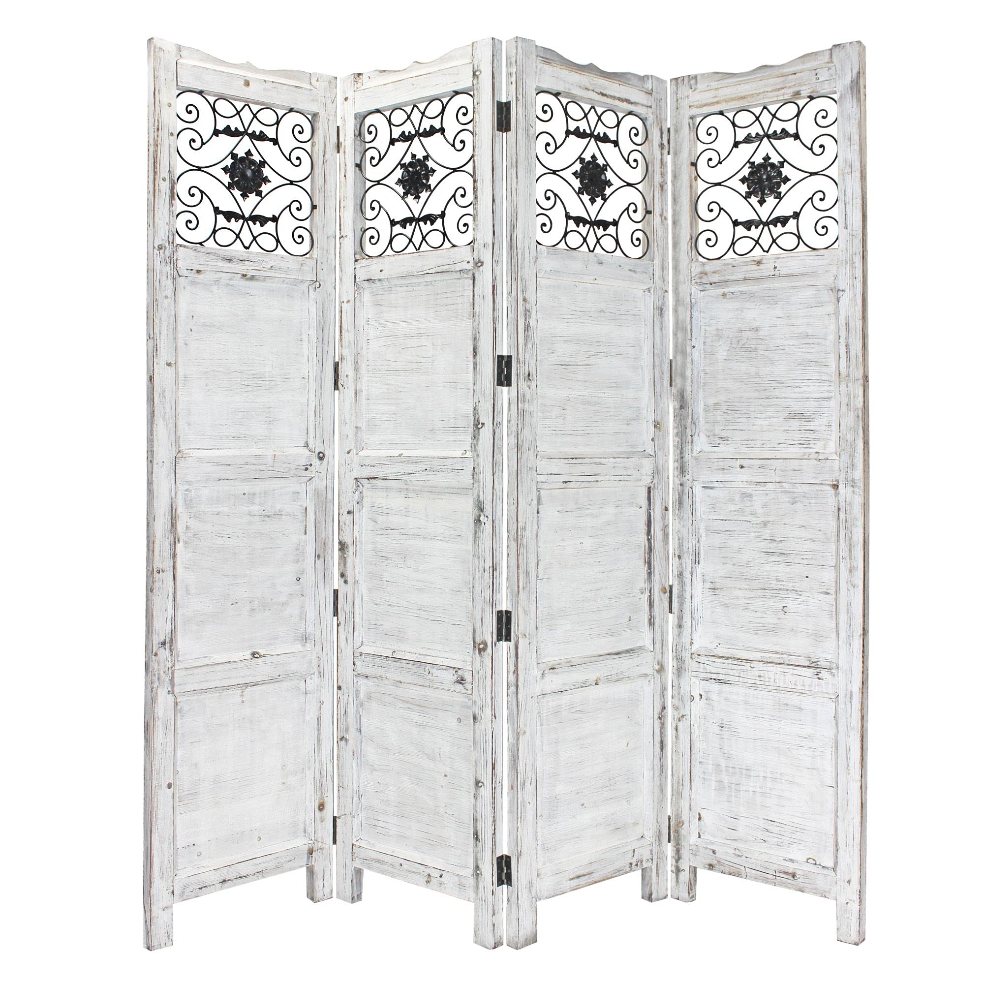 Gray Wash 4-Panel Scroll Work Room Divider Screen - Handcrafted Wooden Folding Partition for Home, Office, and Event Decor - Perfect for Creating Privacy Spaces in Living Rooms, Bedrooms, and Wedding Venues