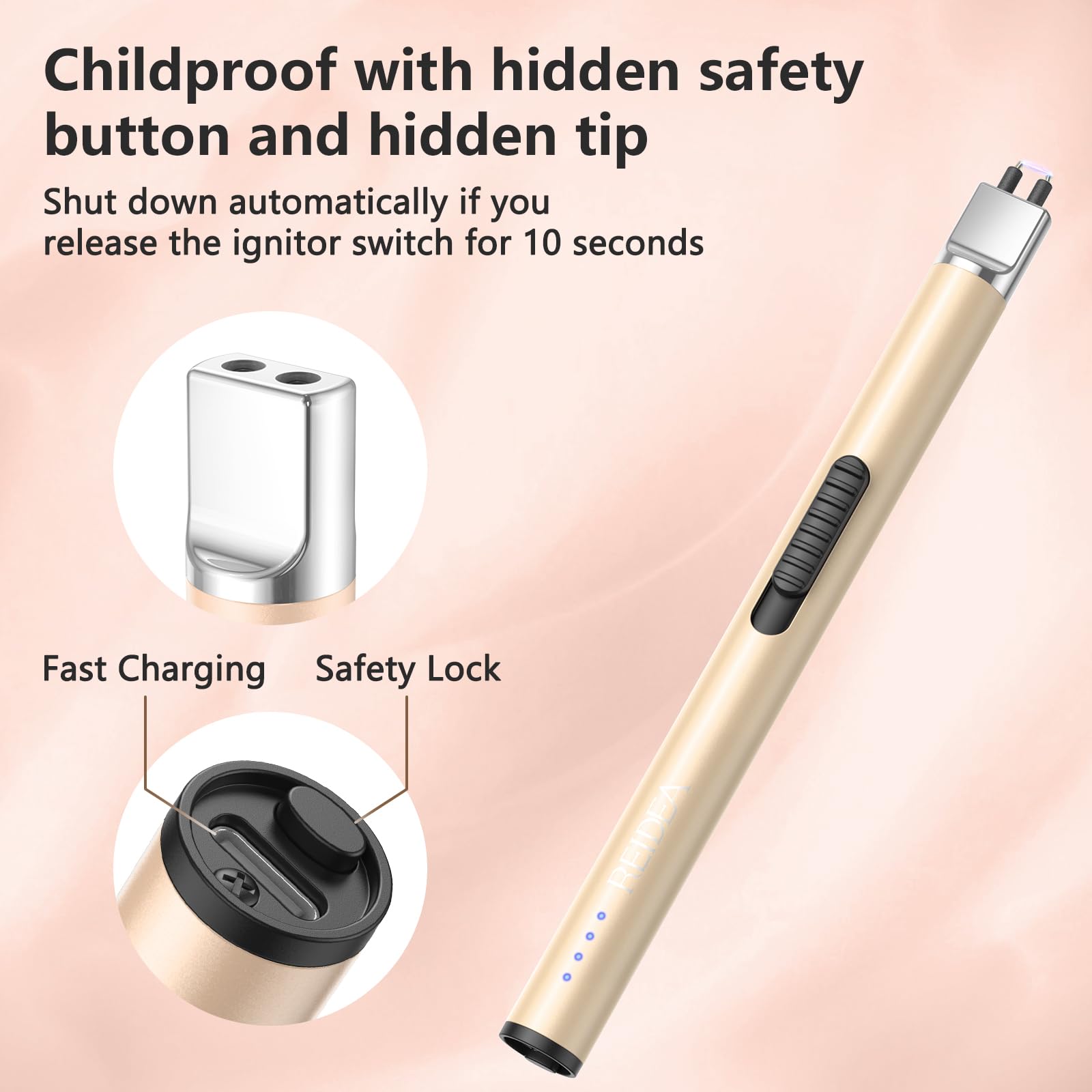 REIDEA S4 Pro USB Rechargeable Electric Arc Lighter - Flameless Windproof Plasma Lighter with Safety Lock & LED Battery Indicator for Candles, Fireworks, BBQ, Camping (Champagne Gold) - Perfect for Outdoor Adventures, Home Decor & Gifts