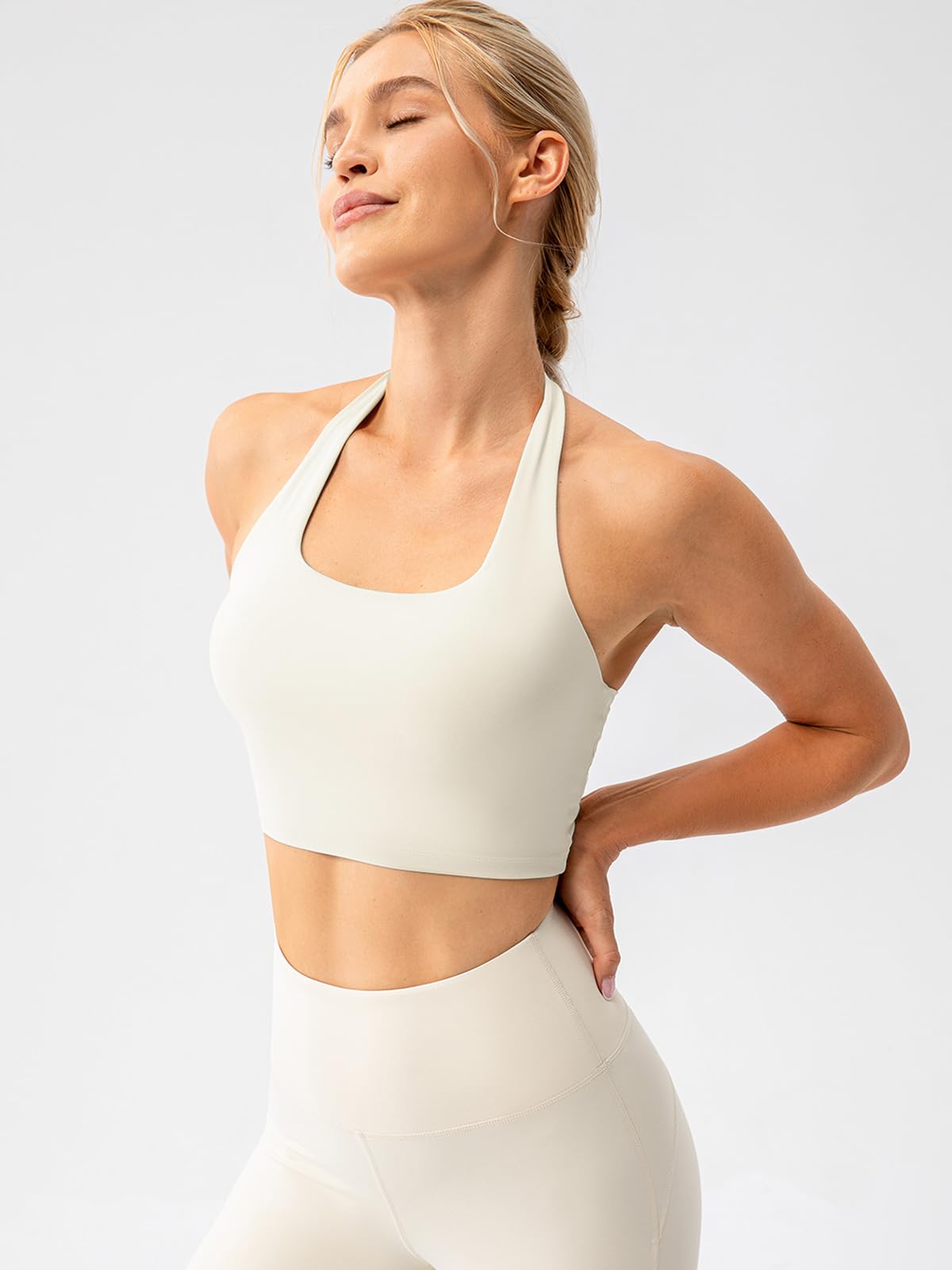 Lavento Women's Halter Sports Bra - Longline Padded Yoga Crop Top for Workout & Fitness - Breathable & Supportive for Running, Gym, Yoga, and Activewear